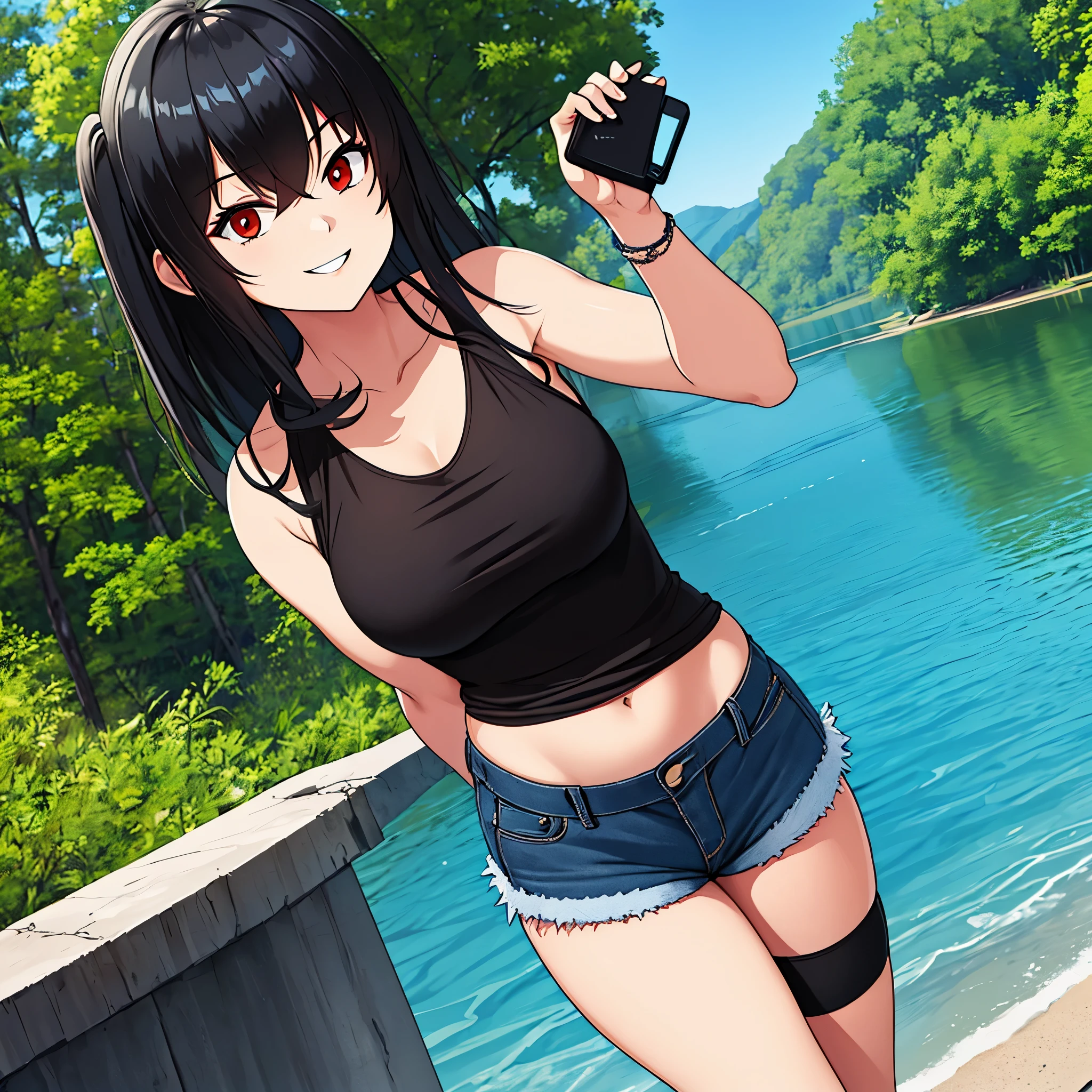 a woman wearing a black sleeveless shirt, wearing denim shorts, black hair, red eyes, walking in a park near a lake, smiling
