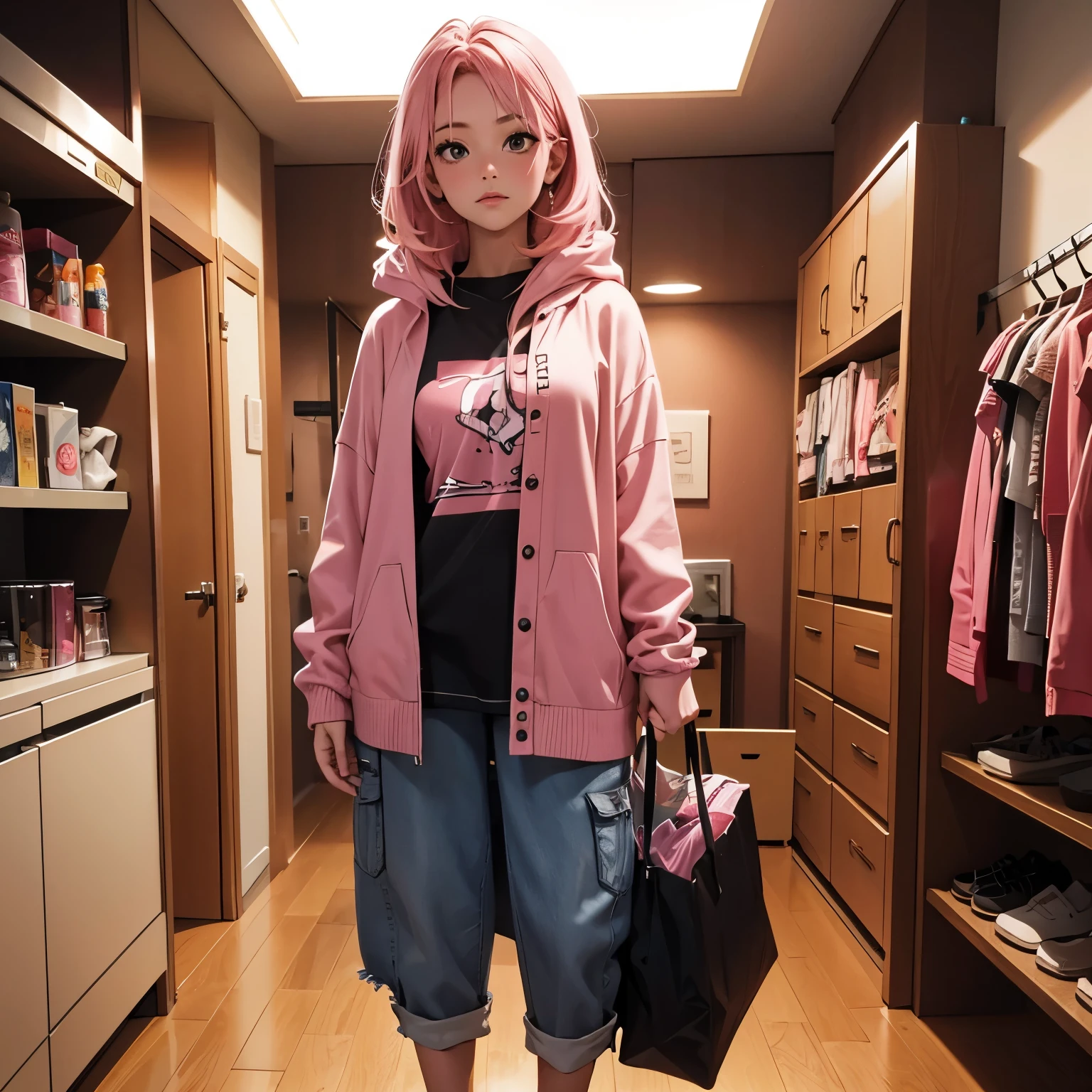 1girl, beautiful, pink hair, brown eyes and clothes, tall, in a room