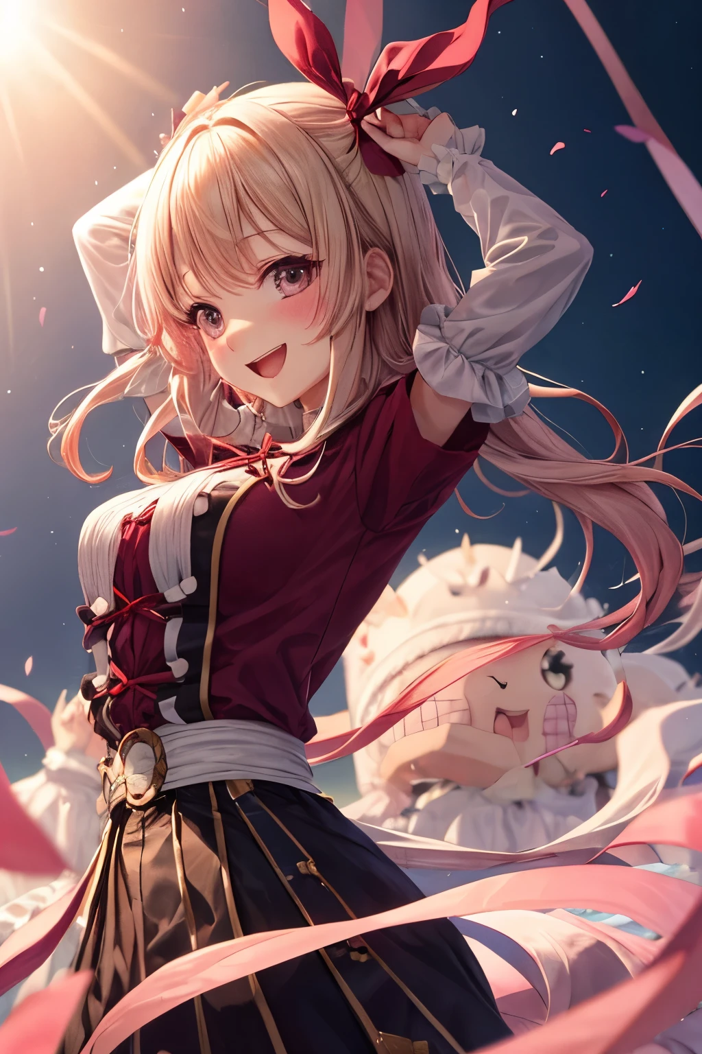 with a girl、no background、no background、Through Background、White Blonde、pink ash、pink gradient hair、laughter、ribbon、one piece、cute、