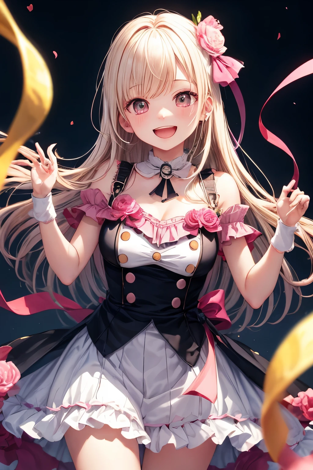 with a girl、no background、no background、Through Background、White Blonde、pink ash、pink gradient hair、laughter、ribbon、one piece、cute、