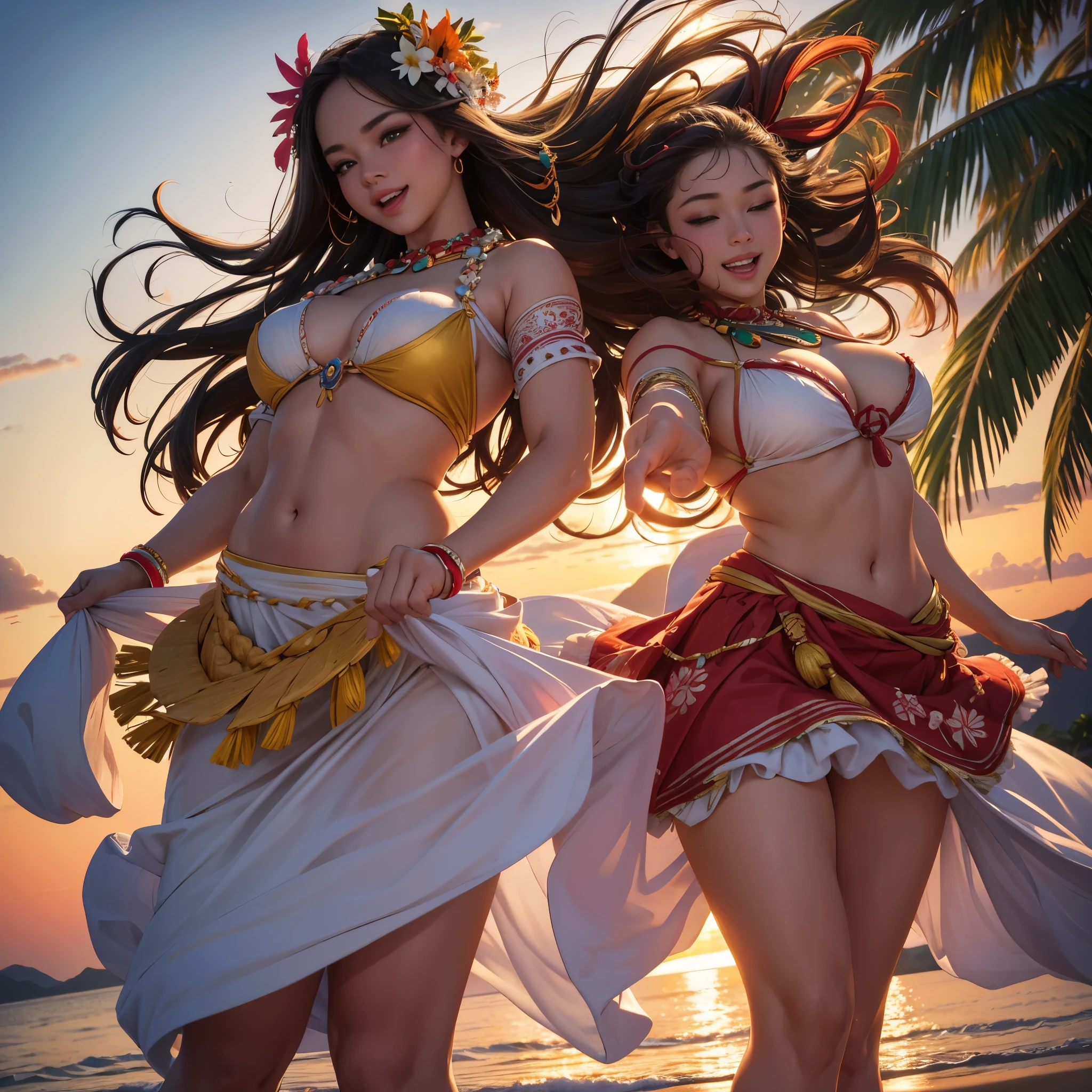 (best quality,4k,highres:1.2),ultra-detailed,realistic:1.37,A group of naive white women,traditional Polynesian dance,traditional costume,vivid colors,studio lighting,exotic environment,happy and energetic,motion blur,beautiful detailed eyes,beautiful detailed lips,longeyelashes,tropical flowers in their hair,bright and colorful skirts,graceful movements,cultural exchange,enthusiastic crowd,blending of cultures,joyful expressions,music and laughter,sunset by the beach,intricate hand gestures,swaying hips,sparkling ocean in the background