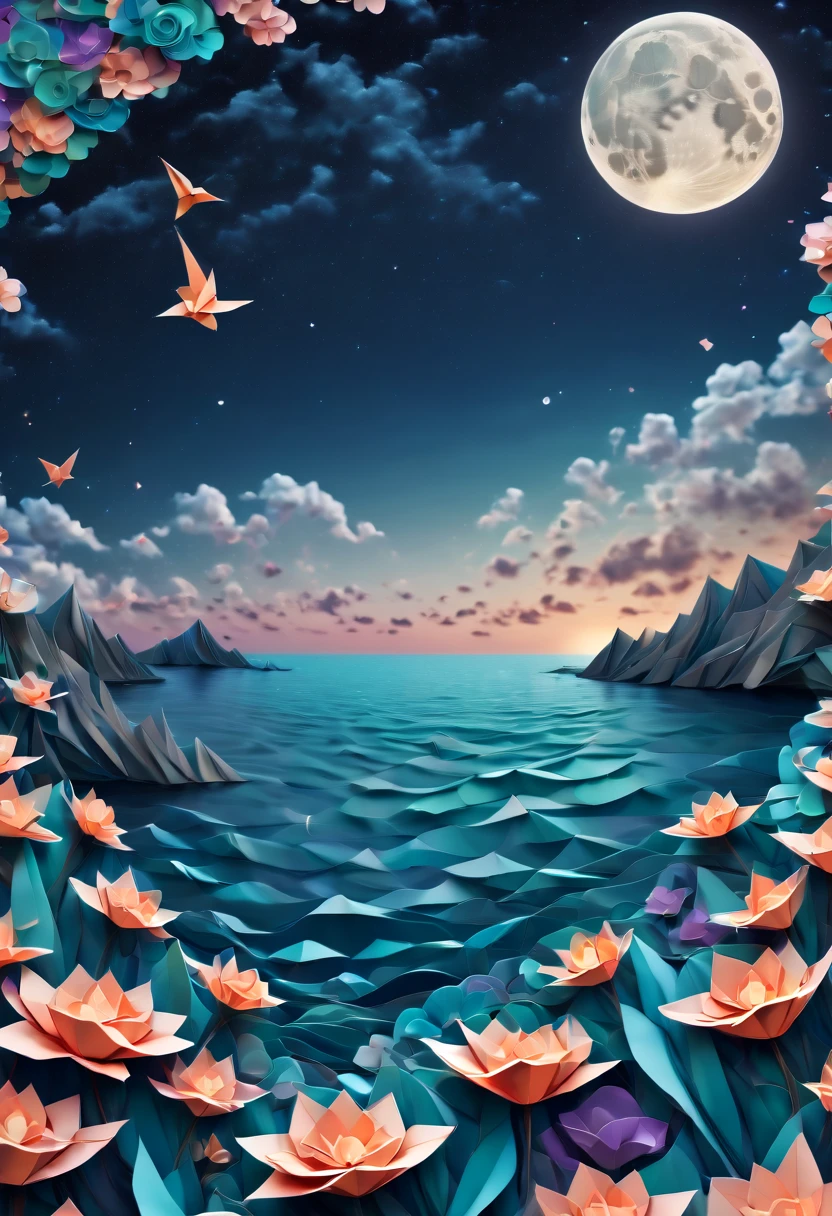 (best quality, highres, ultra sharp), magical sea of flowers, origami flowers over the sea, night. clouds, moon, stars, art deco, zentangle,3d crunch, cinematic, on the seashore, calm,