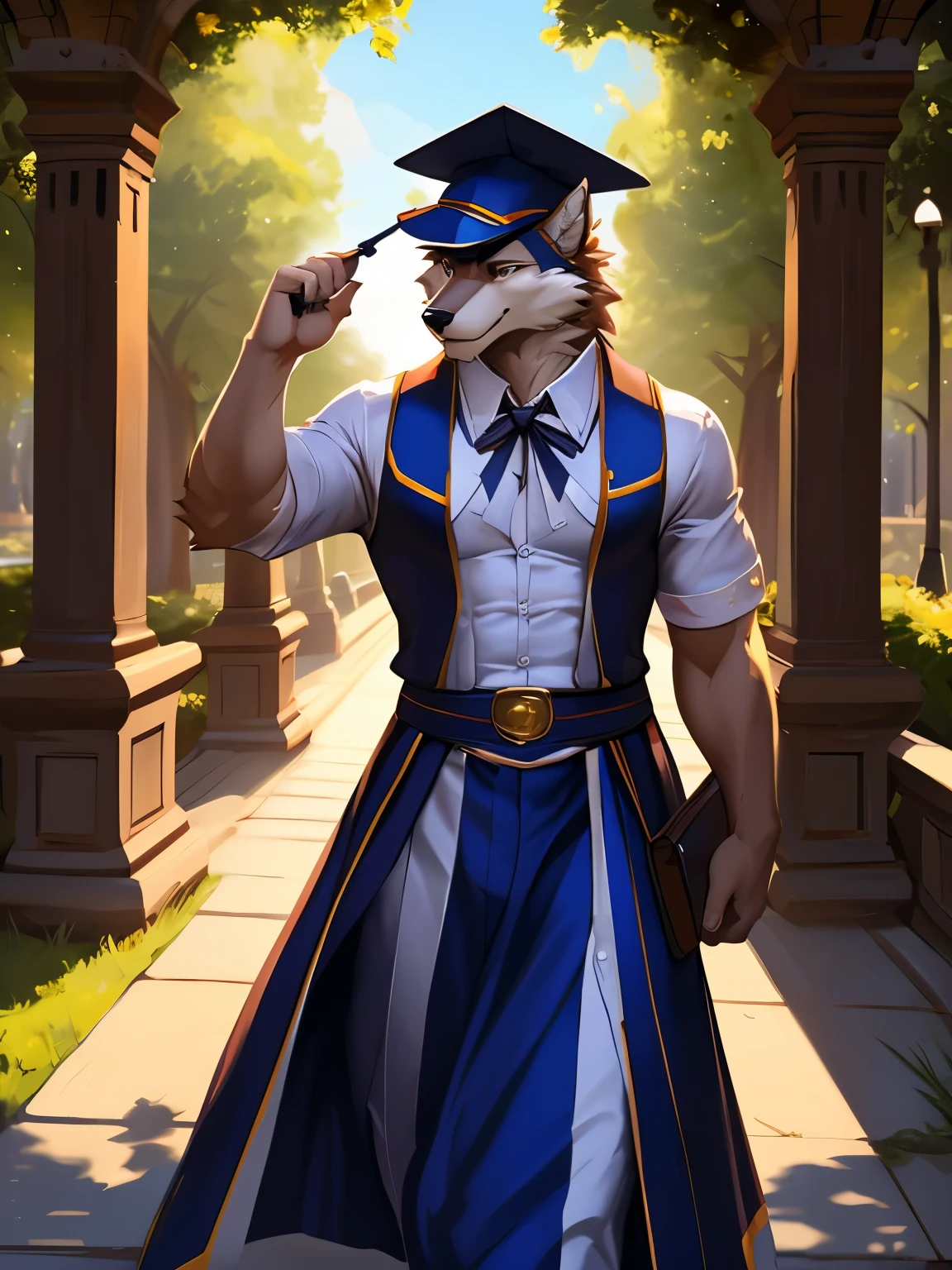 4k, high resolution, best quality, perfect colors, perfect shadows, perfect lighting, posted on e621, (by Chunie, by canyne khai, by t.y.starale), male, furry, Wolf anthro, solo, white fur, Silver eyes, (Realistic eye details 1.2), graduation hat, wearing college graduation dress, park area university background, dress neatly, elegantly, Full body like, Slim body, abs, Masterpiece, dramatic lighting, soft lighting, day, highly detail, Hair coiled, fit body, perfect male figure, Detailed fur, Detailed face, Perfect face, Detailed background, (Complex), (Super Detail), (Ultra Clear), (Best Quality)