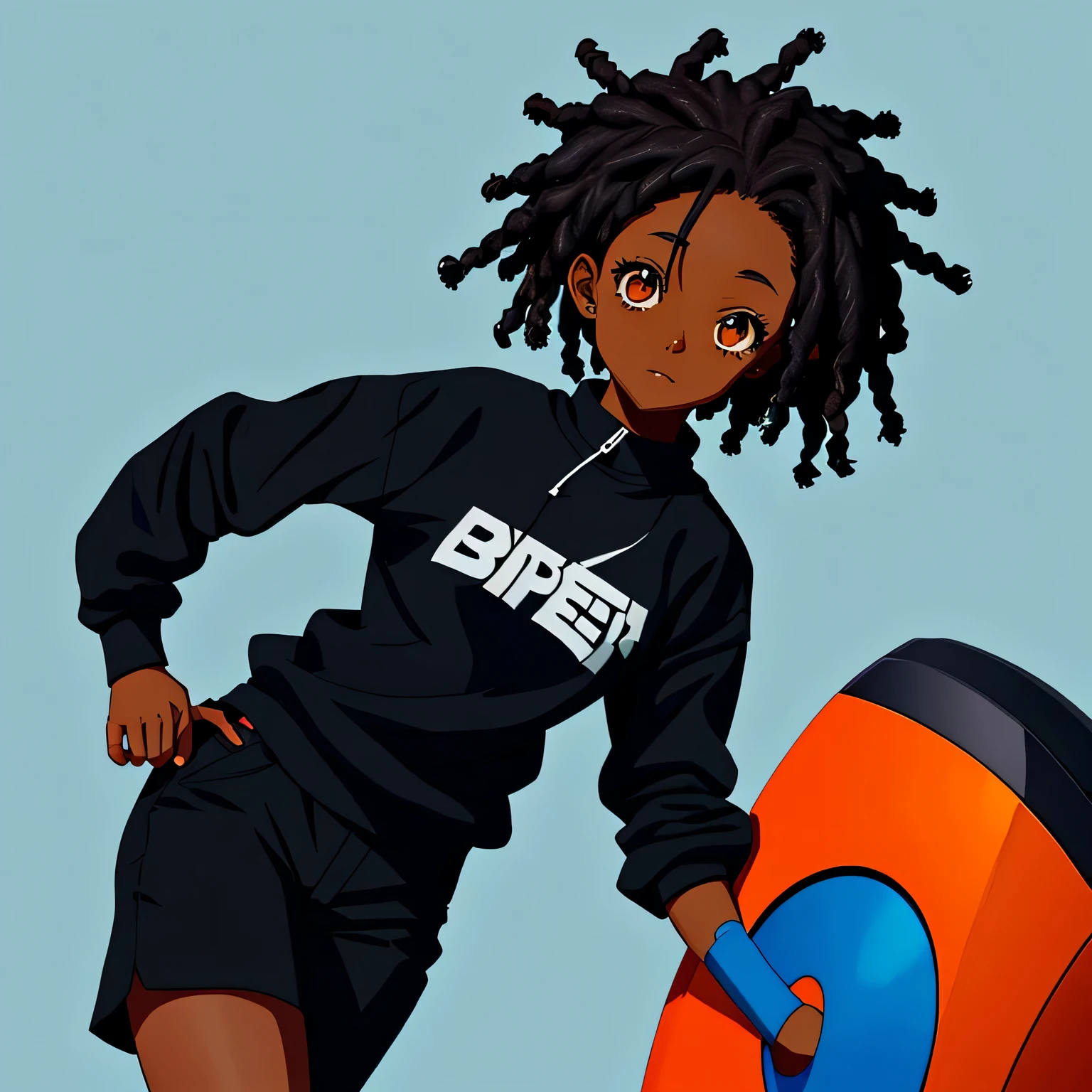 DARK SKINNED AFRICAN girl ANIME CHARACTER, SUPER CUTE, IN ALL BLACK CUTE OUTFIT, no other colors WITH SHORT DREAD LOCS 