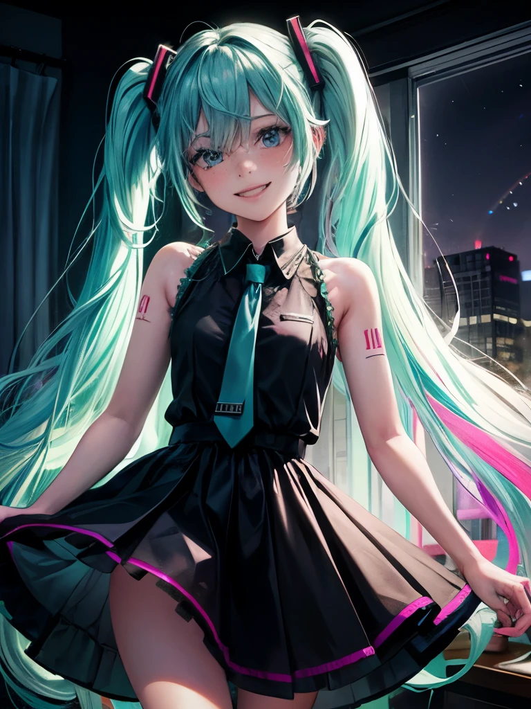 1girl, freckles,
rainbow colored hair, skinny, smiling,  bedroom, neon lighting, night, in hatsune miku cosplay, hatsune miku dress, fully clothed