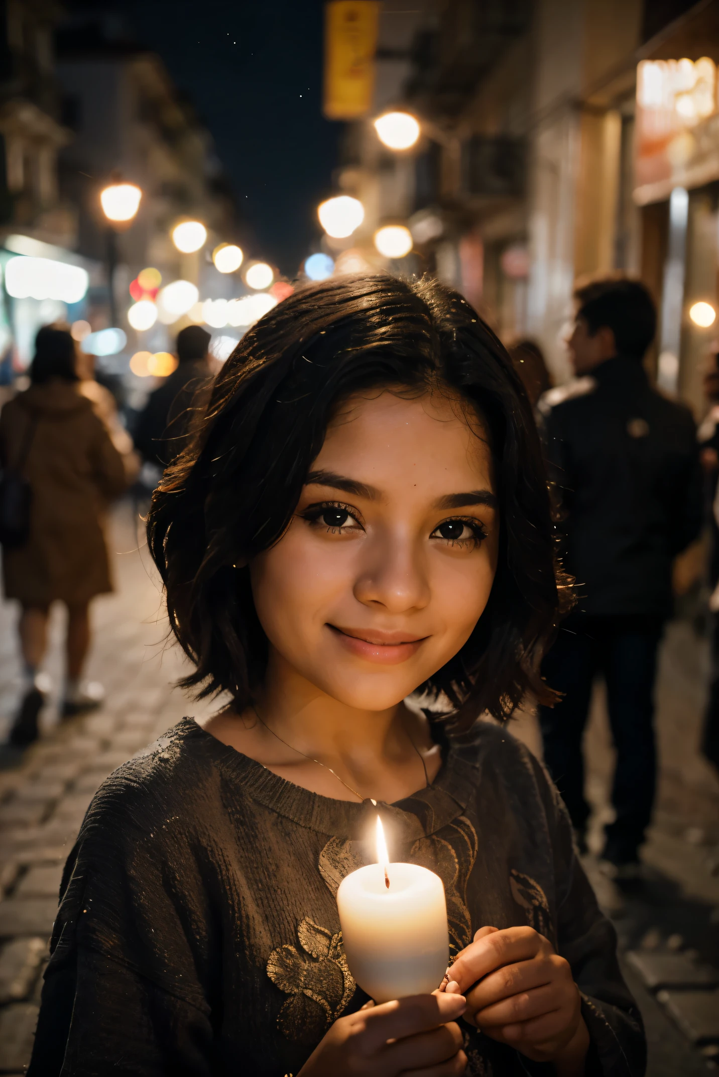 Mulher latina, cabelo encaracolado, on the street holding a candle at night, children in the background, luz, bokeh, 55mm camera, sorridente, cinematic, luzes quentes e frias, retrato