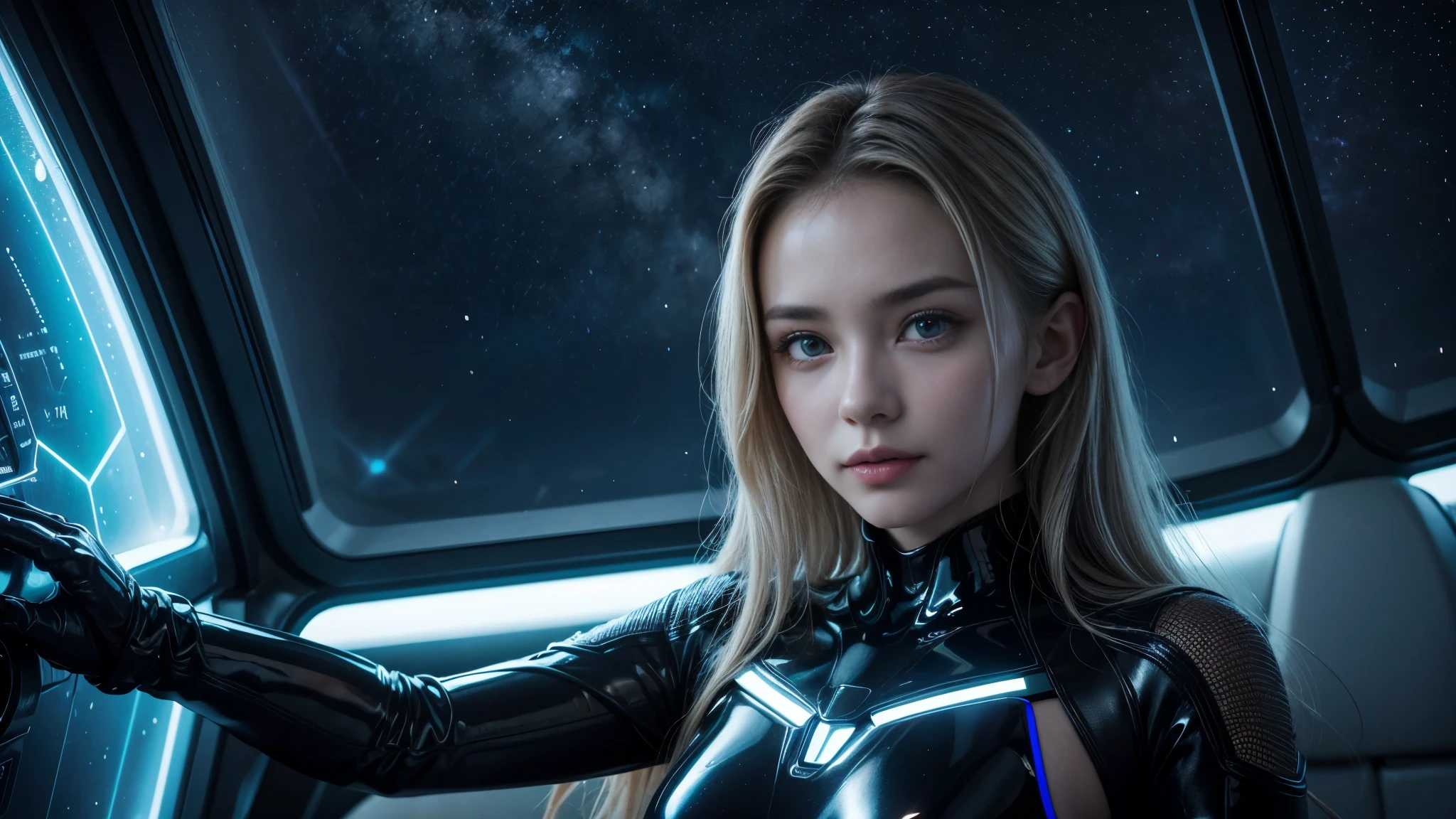 beautiful girl,beautiful smile,futuristic swimsuit,in an ultra modern spaceship,shiny metallic surface,flawless skin,brightly lit with neon lights,reflecting light off the mirrored walls,stunningly detailed background,crystal-clear windows with a breathtaking view of the galaxy,sparkling stars in the distance,holographic displays showcasing advanced technology,vivid colors and high contrast,meticulously crafted designs on the spaceship exterior,masterpiece:1.2,ultra-detailed,photo-realistic:1.37,portraits,sci-fi,cool-toned color palette,soft, diffused lighting emphasizing the girl's features,futuristic hairstyle,expressive eyes with a hint of mystery and wonder