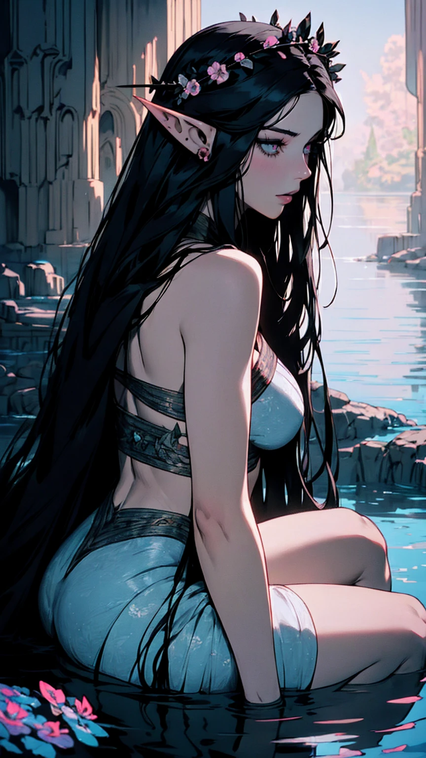 hyper-realistic  of a mysterious woman with flowing black hair, ears of elf,  piercing opal eyes, and a delicate floral crown, delicate smile,  whole body, sitting on the water, backwards, looking back