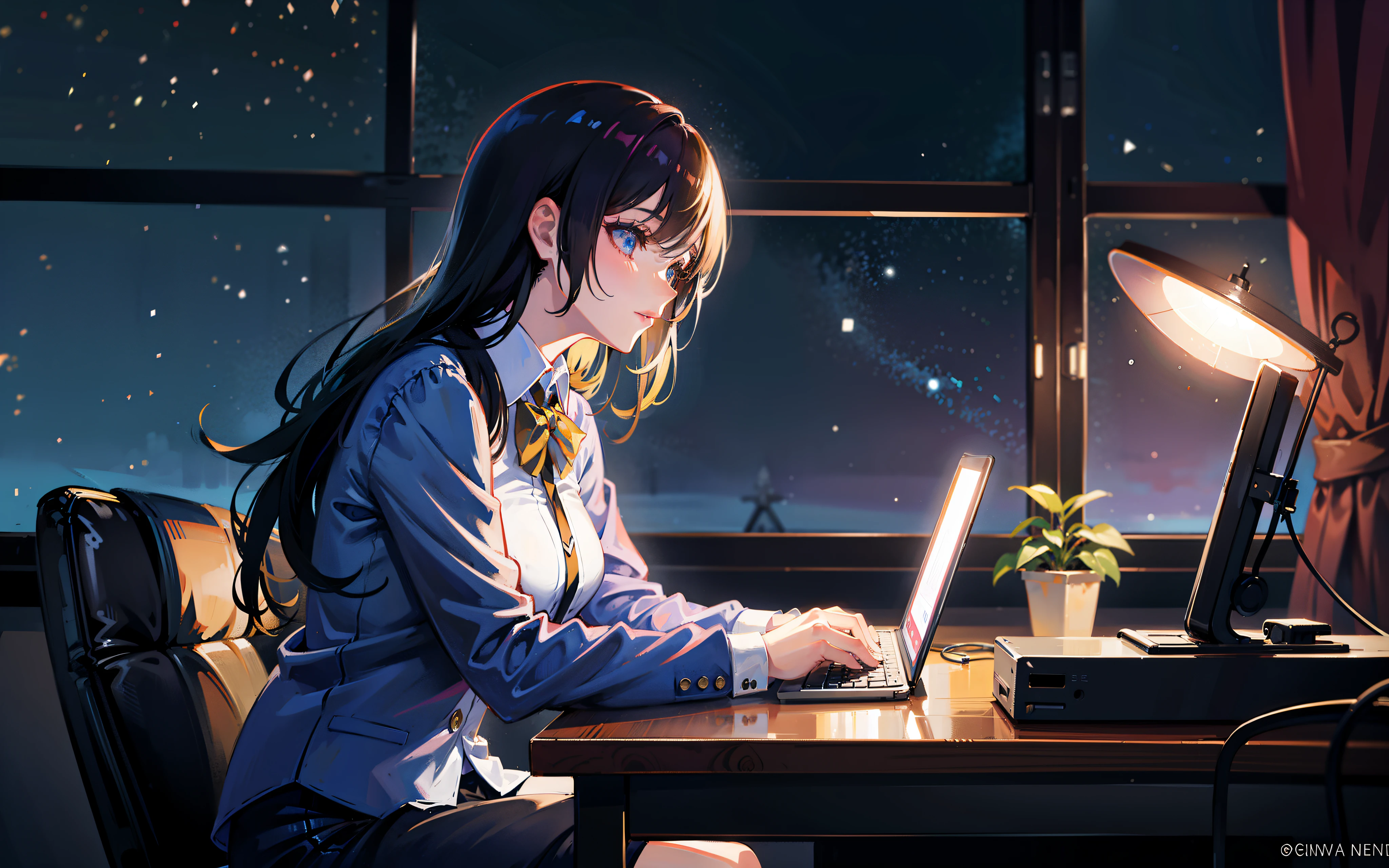 anime girl assise à un bureau avec un ordinateur portable devant une fenêtre, digital illustration of&#39;anime, assis devant un ordinateur, Digital animated art, En face d&#39;un ordinateur, detailed Digital animated art, Art de fond d&#39;anime, art cg anime lisse, Travailler sur son ordinateur portable, In the style of Makoto Shinkai, Fond d&#39;4k animated screen, sur un bureau, Travailler dur, travailler sur un ordinateur portable la nuit dans une étude contemporaine intelligente, Side profile picture. Plan complet de la pièce et plan complet d&#39;une femme assise sur une chaise. Costume d&#39;business casual and elegant, low-cut top with heaving chest, la nuit, desk lit by a single lamp, rayons de clair de lune brillant à angle à travers la fenêtre en arrière-plan