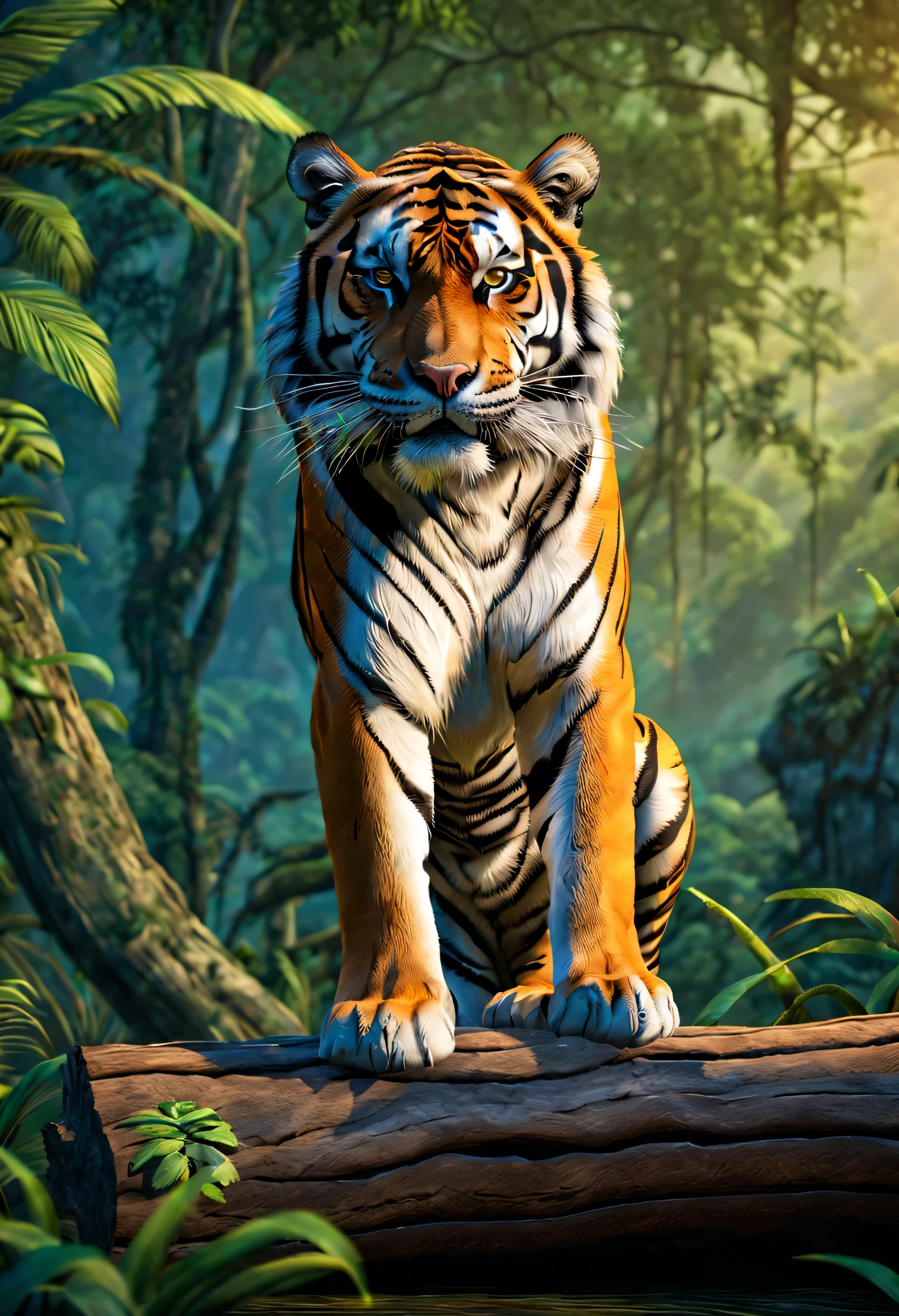 (( Tigre:1.5, ultra detallado:1.4, majestuoso, imponente, elegant, temible, Encaramado en un tronco en medio de la selva.:1.4), epic, 32k, ultra, Obra maestra, epic jungle scenery, sunset lighting, paisaje impecable,