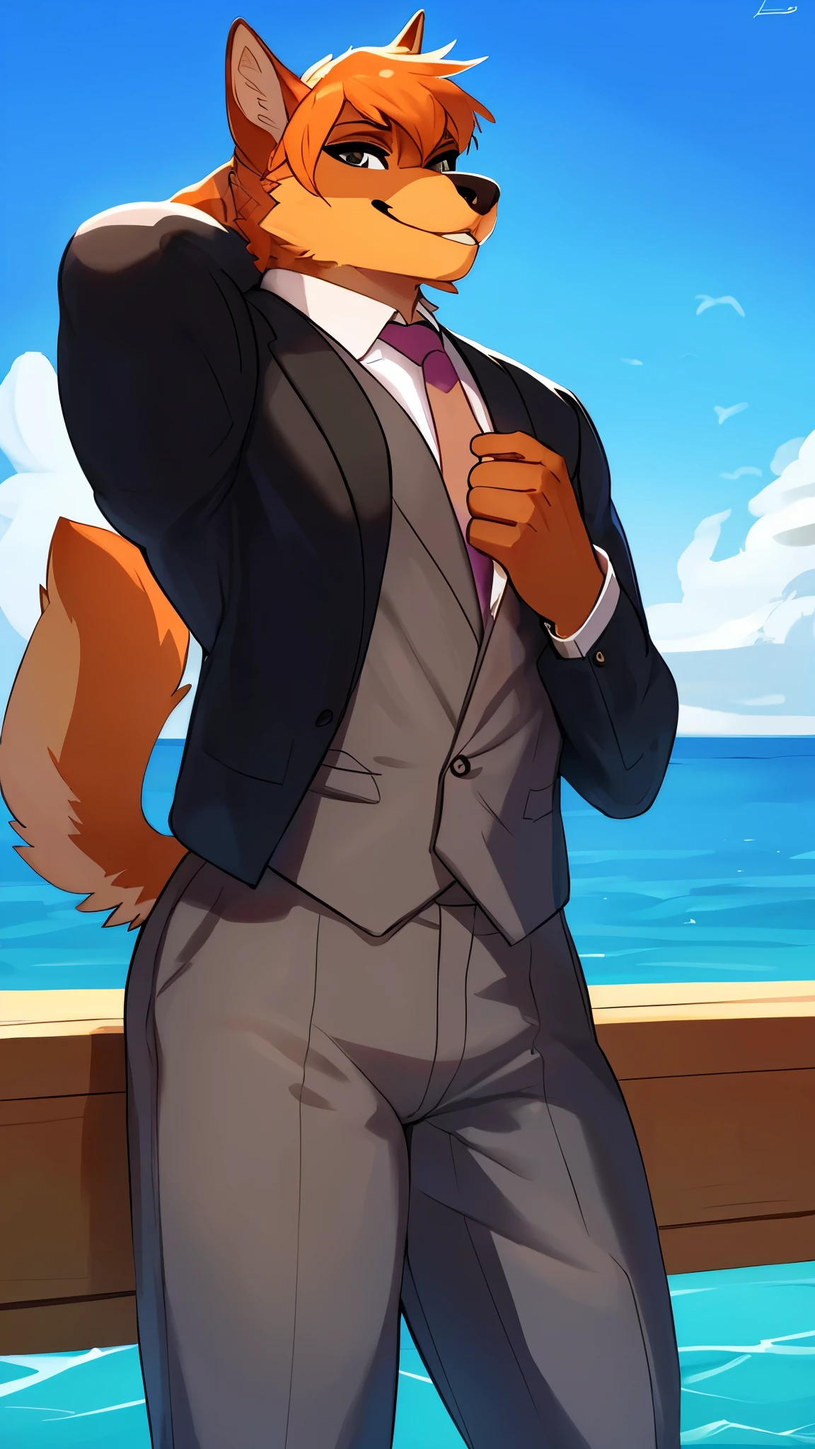 By bebebebebe, by lostgoose, by goonie-san, solo, standing, ((female)), canine, Rottweiler, white and orange fur, ((hair, snout, detailed eyes)), suit jacket, dress pants, dress shirt, skintight clothes, ((versace)), tail, hands behind back, on the docks, oceanside, empty ocean, sunny day, clear sky, ((muscular)), smiling, happy, blep, gold lipstick, ((black mascara))
