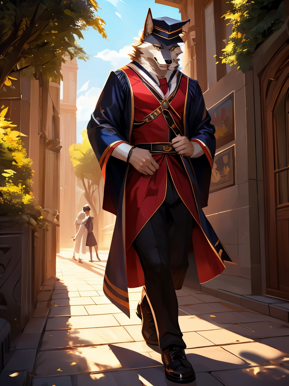 4k, high resolution, best quality, perfect colors, perfect shadows, perfect lighting, posted on e621, (by Chunie, by canyne khai, by t.y.starale), male, furry, Wolf anthro, solo, white fur, Silver eyes, (Realistic eye details 1.2), graduation hat, wearing college graduation dress, park area university background, dress neatly, elegantly, Full body like, Slim body, abs, Masterpiece, His face was full of joy and pleasure, dramatic lighting, soft lighting, day, highly detail, Hair coiled, fit body, perfect male figure, Detailed fur, Detailed face, Perfect face, Detailed background, (Complex), (Super Detail), (Ultra Clear), (Best Quality)