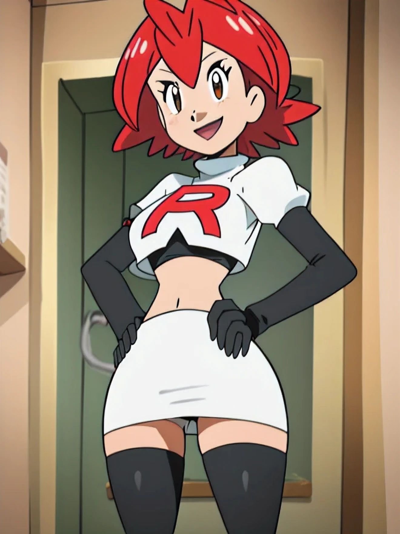 deffaye8k,1girl in, (solo:1.1), (perfect body:1.1), (best quality:1.1), very large breast, team rocket, team rocket uniform, red letter r, white skirt,white crop top,black thigh-high boots, black elbow gloves, smiling, looking down at viewer, hands on hips,zettai ryouiki,cowboy shot