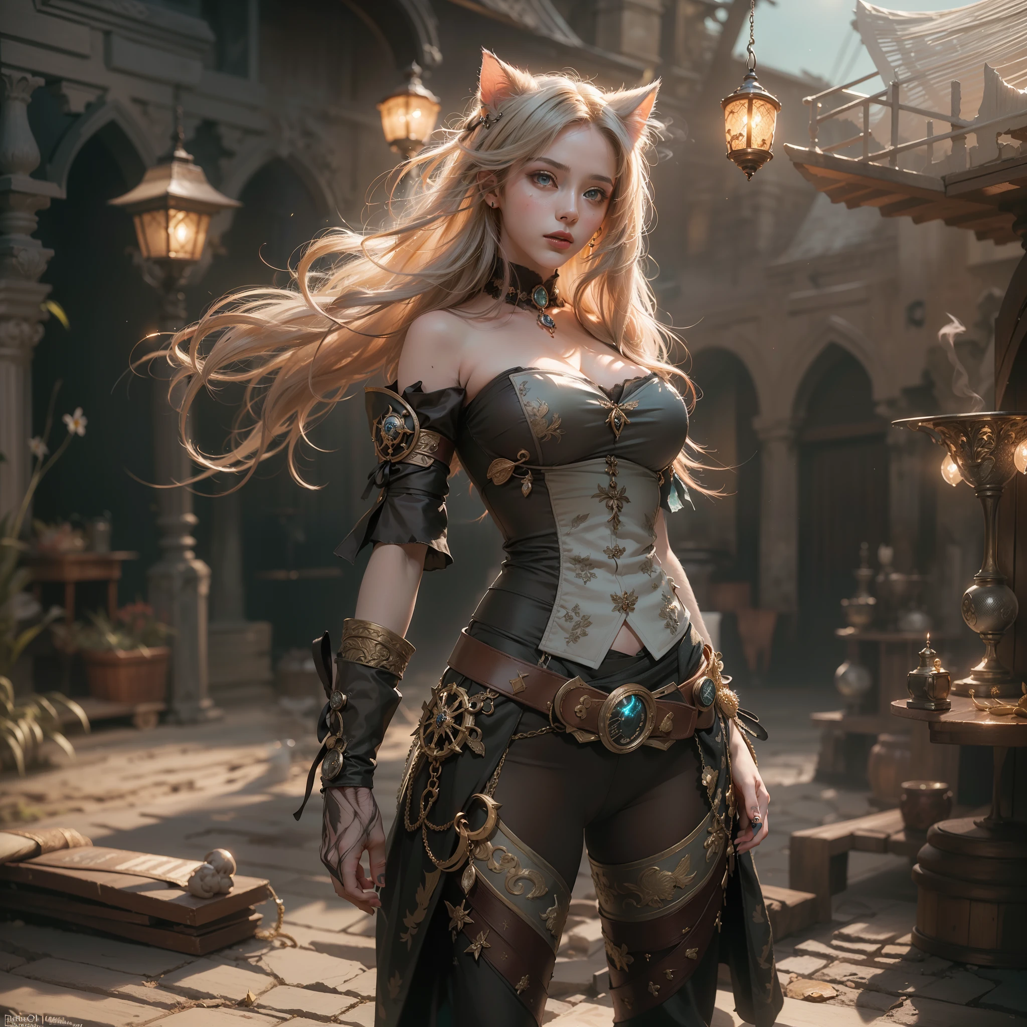 ((cat ears on head)), (award-winning masterpiece, incredibly detailed texture, maximum detail), (surrealistic:1.4), (full body view:1.9), (close-up of upper body:0.3), (top quality realistic textured skin), (,anatomically perfect and beautiful style:1.9), (femalepirate), (seductive smile), (accurate, perfectly round, symmetrical eyes), (dense, beautiful face: 1.8), (pale but fair skin and face: 1.8), (pirate ship), (beautiful sea), (delicately made accessories), (treasure), (bioluminescent, attractive, mysterious eyes: 1.7), (debased beauty: 1.6), (sexy clothes: 1.8), (elegant accessories: 1.8), (revealing skin: 1.8), (moonlight: 1.7), ((dramatic photo)), ((cinematic light)), (full-length portrait: 1.9), (sensual and seductive pose: 1.6), (smoke effect and seductive light: 1.4)Beautiful blonde hair, Beautiful silver hair, Red hair, Wind effects, (Drifting pheromones:1.3), (Ruined medieval mansion), Sunset, Spectacular reality, (Faded), (Faded), ((neutral tones)), (HDR:1.5), (Dull colors: 1.2), Detailed, (Artistic Station: 1.5), Cinematic, (Warm light: 1.5)Warm Light, Light Effects, Dramatic Light, (Complex Detail:1.1), Complex Background, (Greg Rutkowski:0.8), (Teal and Orange:0.4)