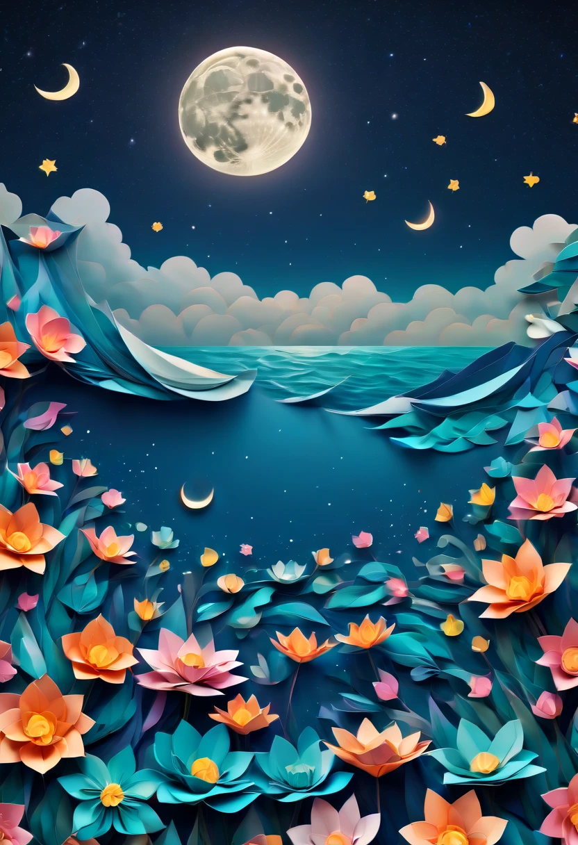 (best quality, highres, ultra sharp), magical sea of flowers, origami flowers over the sea, night. clouds, moon, stars, art deco, zentangle,3d crunch, cinematic, on the seashore, calm,