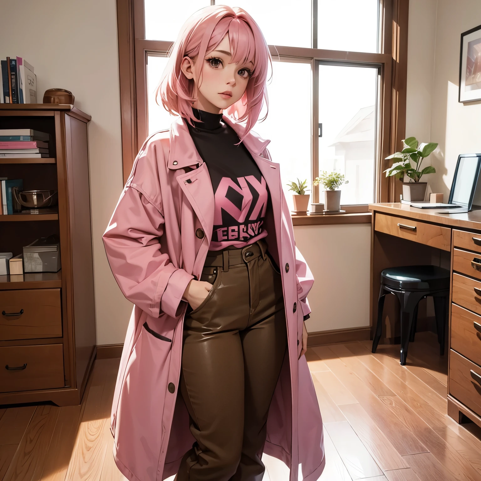 1girl, beautiful, pink hair, brown eyes and clothes, tall, in a room