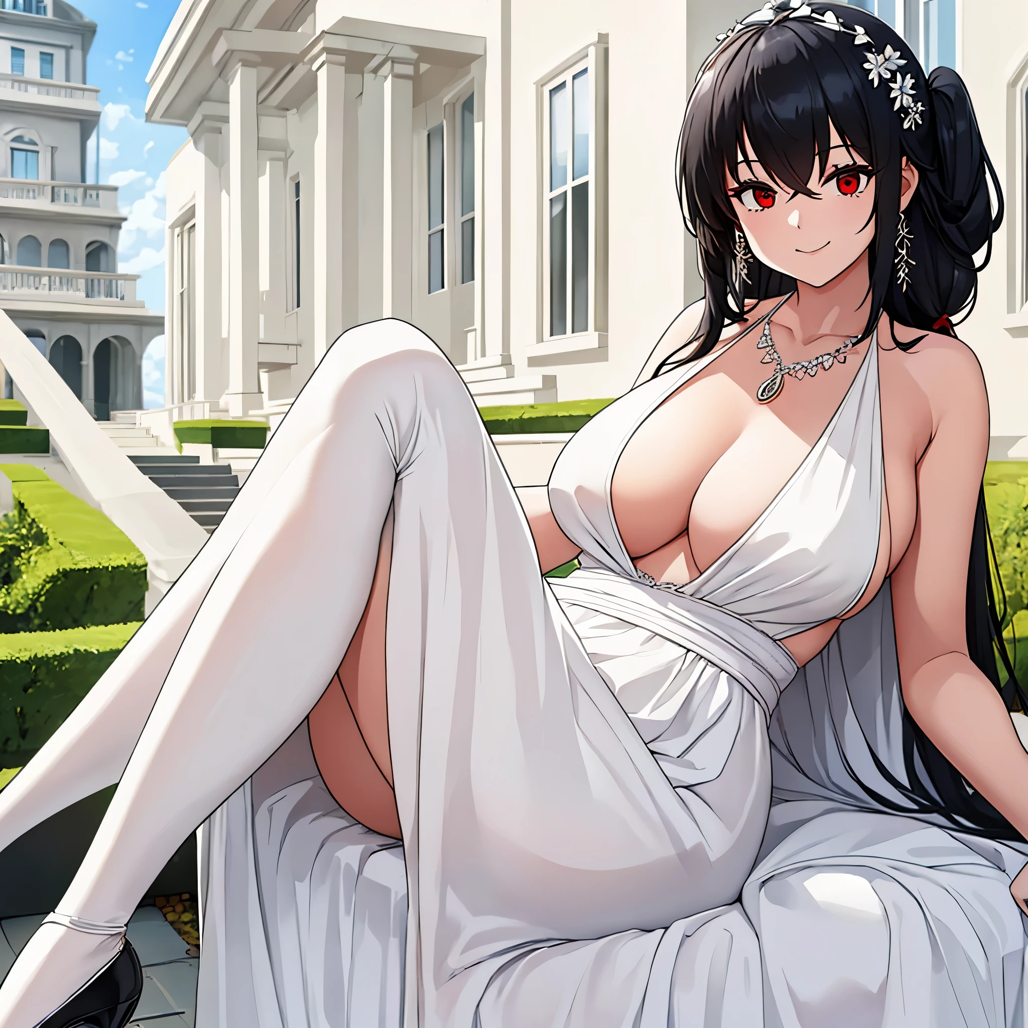 a woman wearing a white dress, outside a luxurious house, smiling, black hair, red eyes.