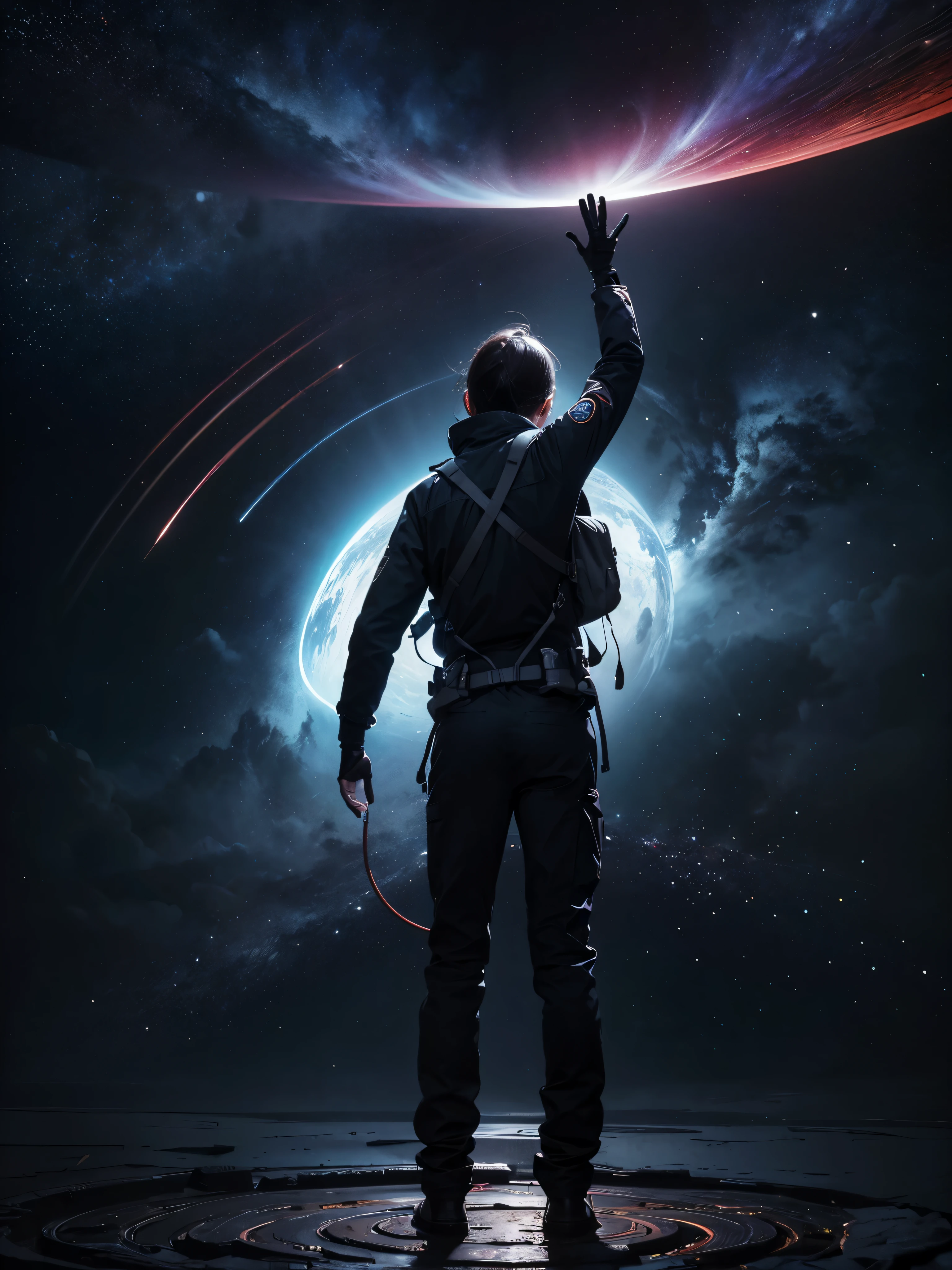 Picture an image featuring a person immersed in a vibrant and dynamic environment that encapsulates the essence of various scientific fields. The person, portrayed as an avid explorer, stands at the center, symbolizing the curiosity and passion for knowledge. dark sky.