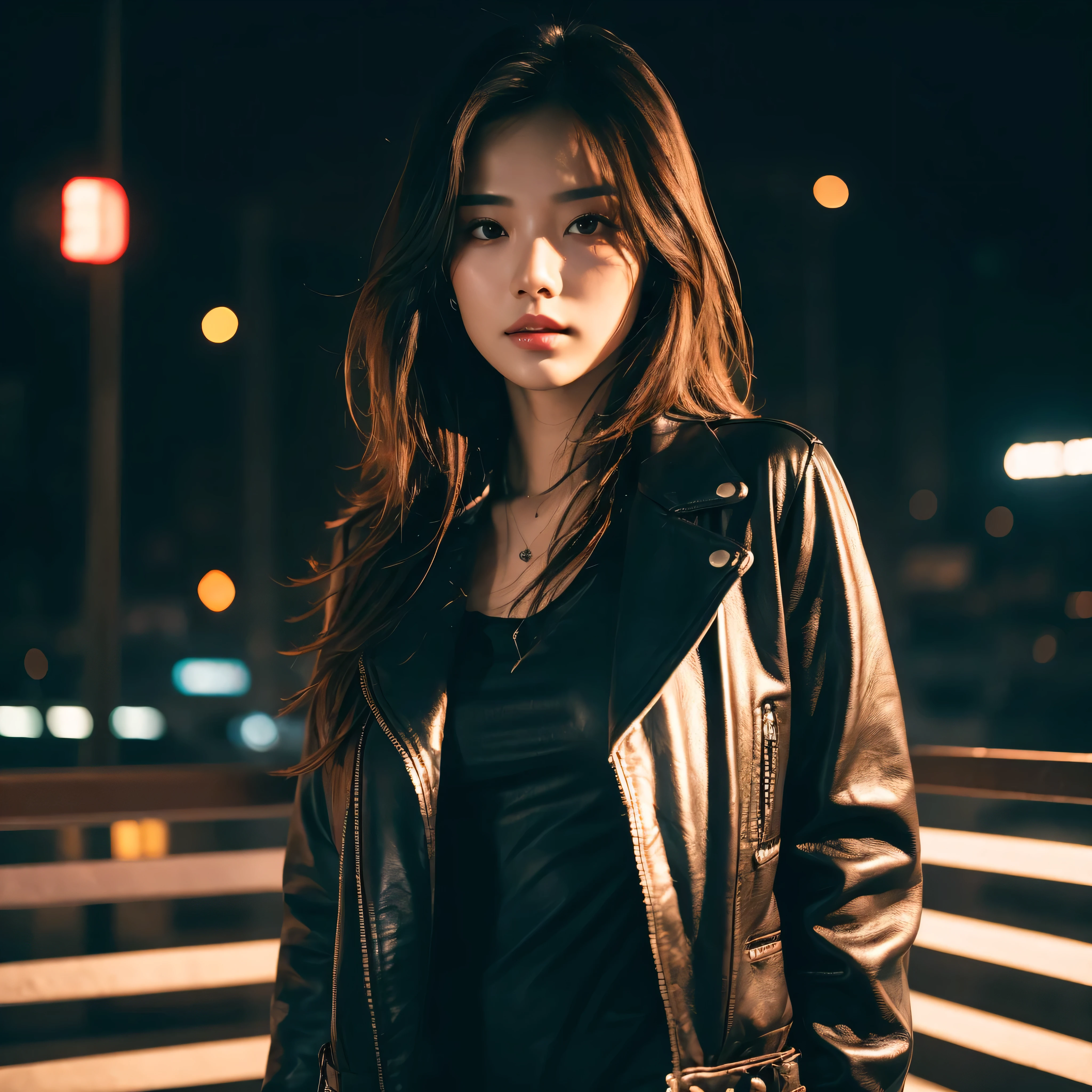 (Best Quality, Masterpiece, Ultra High Definition, High resolution, highly detailed, High Definition Face:1.5), 20-year-old woman, 1 beautiful woman, (full body photo:1.4), (beautiful woman leaning against the wall:1.5), (Beautiful woman wearing a leather jacket, smoking a cigarette, holding a cigarette in hand:1.3), (beautiful eyes, light in the eyes), eyes are in focus, white skin, Glossy, shiny skin, very Fair skin, (film photography style, photo with strong shadows, Background neon light, City of night, cyber punk:1.2), frown, violently fluttering hair, very long hair styles, Slim, (Big Breasts),