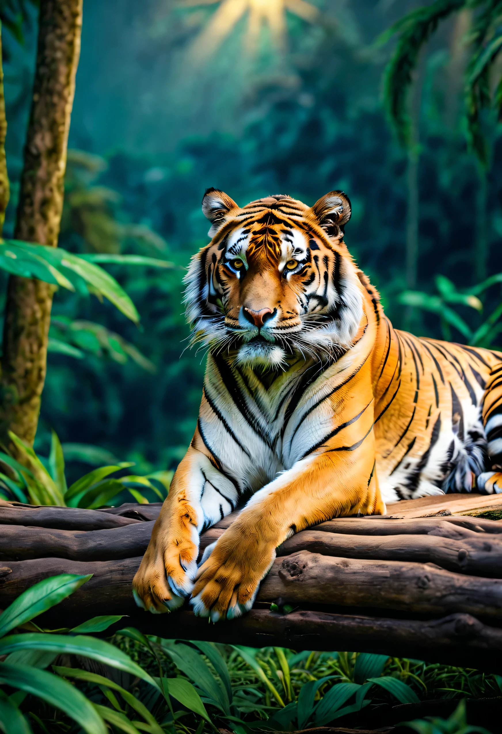 (( Tigre:1.5, ultra detallado:1.4, majestuoso, imponente, elegant, temible, acostado sobre un tronco en medio de la jungla.:1.4), epic, ultra, Obra maestra, epic jungle scenery, sunset lighting, paisaje impecable ,32k,