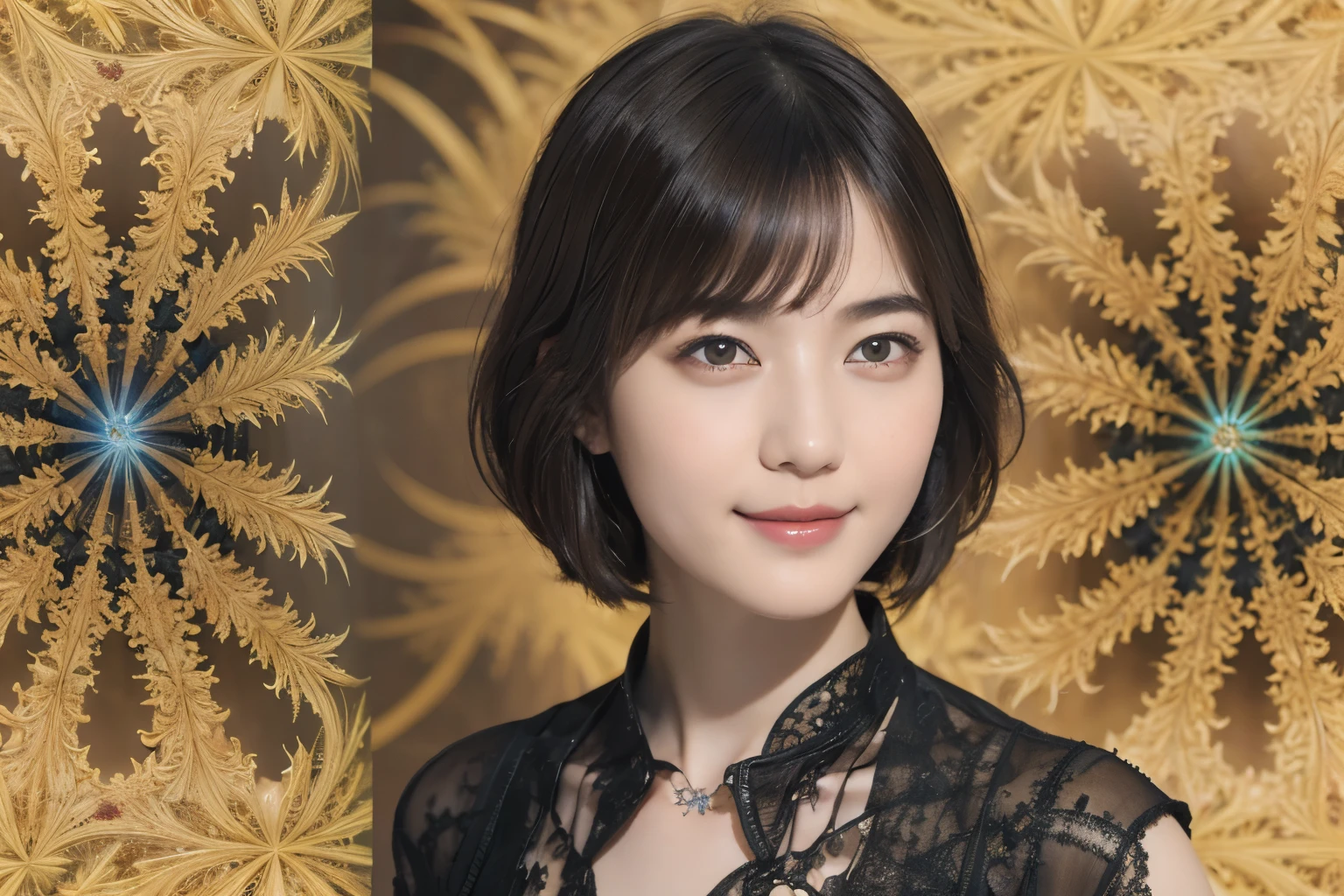 172
Shorthair, a 20 yo woman, gentle smile, abstract, (entangle:1.2), (background is fractal design:1.46)