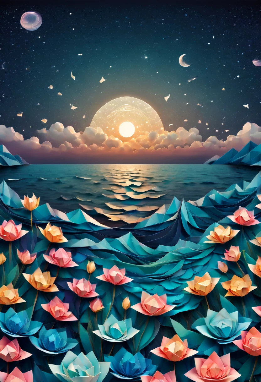 (best quality, highres, ultra sharp), magical sea of flowers, origami flowers over the sea, night. magical clouds , stars, art deco, zentangle,3d crunch, cinematic, on the seashore, calm,