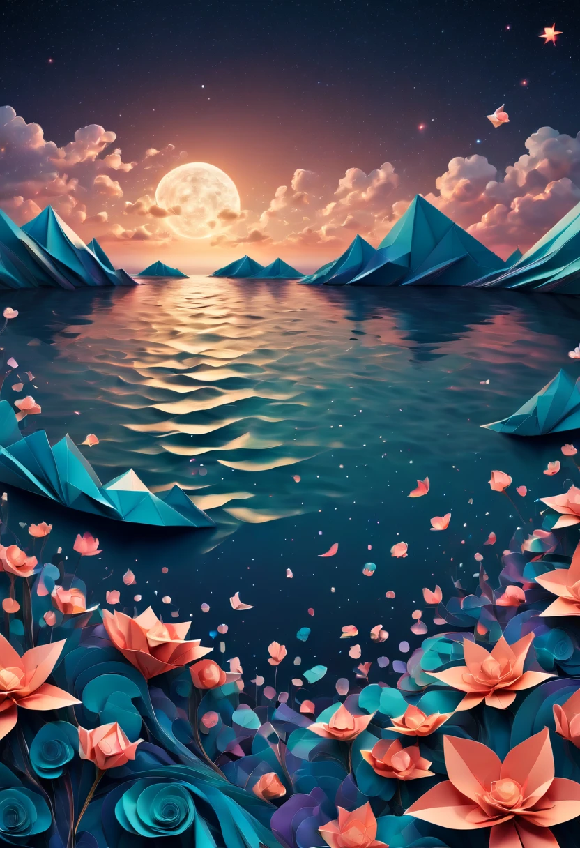 (best quality, highres, ultra sharp), magical sea of flowers, origami flowers over the sea, night. clouds, stars, art deco, zentangle,3d crunch, cinematic, on the seashore, calm,