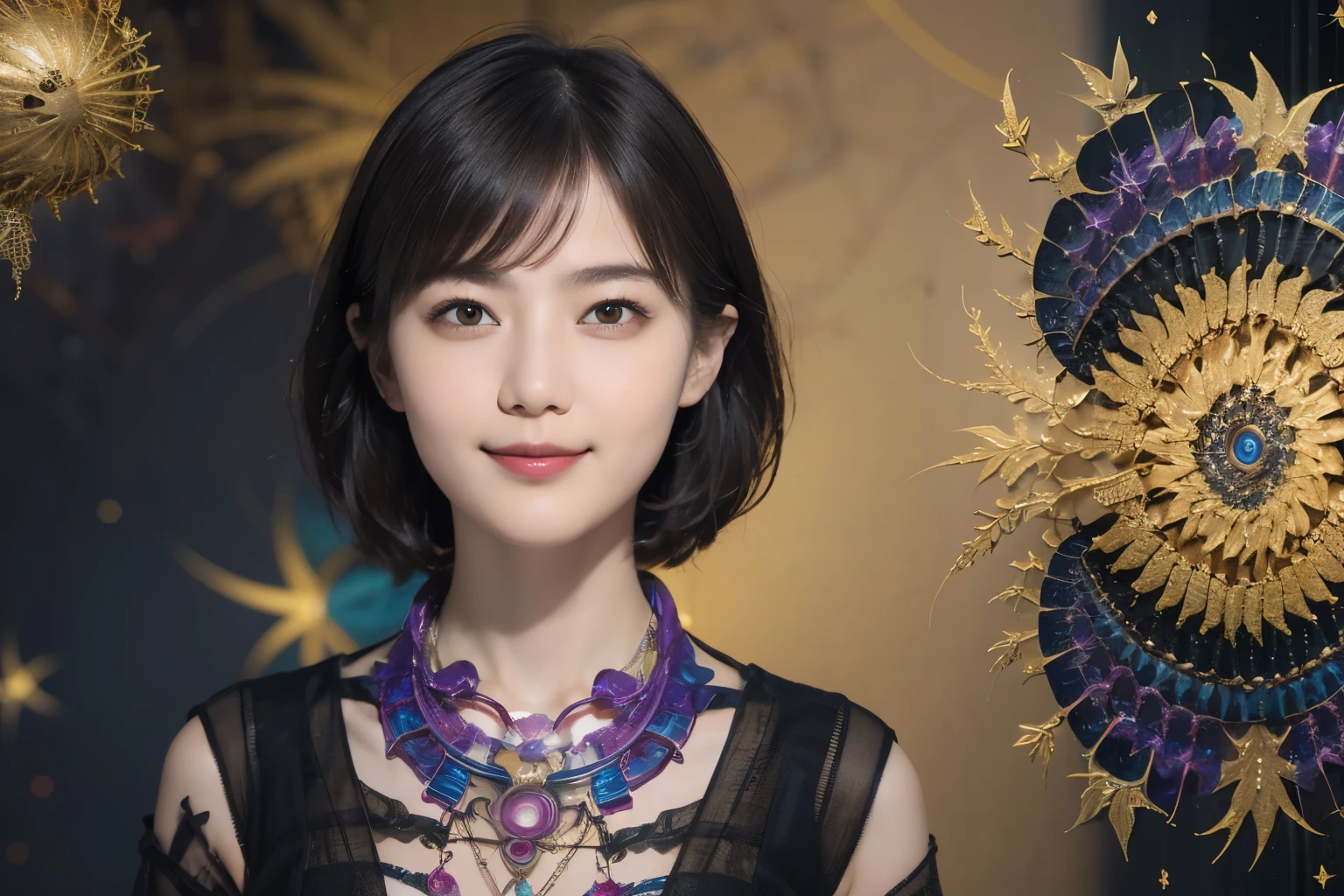 172
Shorthair, a 20 yo woman, gentle smile, abstract, (entangle:1.2), (background is fractal design:1.46)