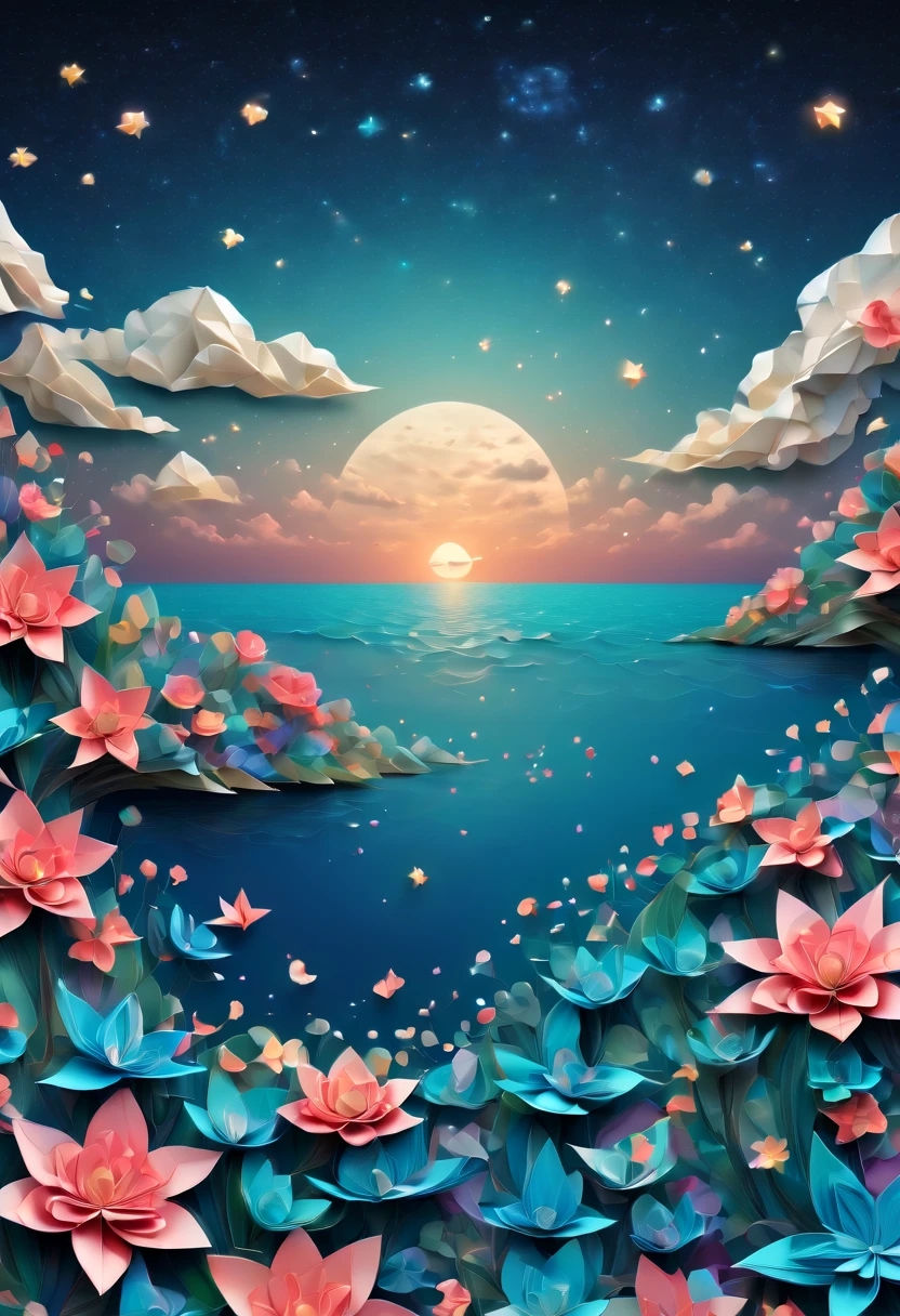 (best quality, highres, ultra sharp), magical sea of flowers, origami flowers over the sea, night. magical clouds , stars, art deco, zentangle,3d crunch, cinematic, on the seashore, calm,