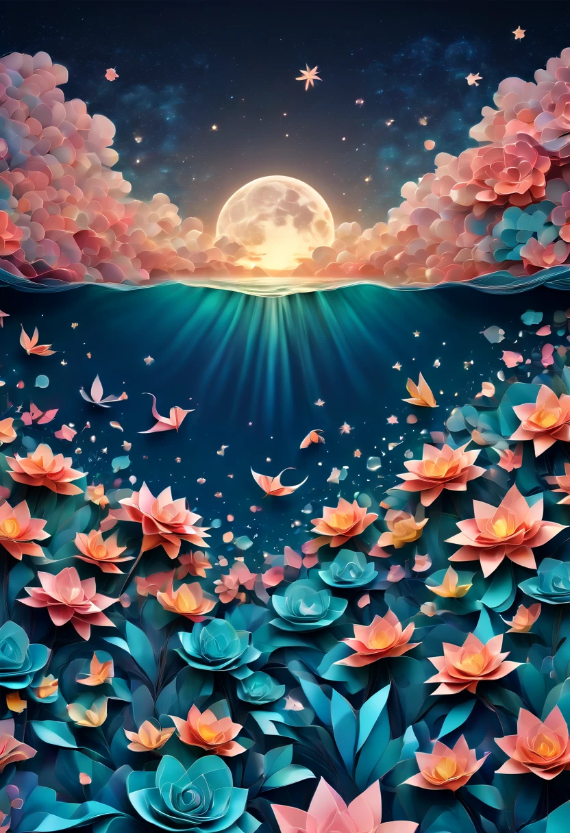 (best quality, highres, ultra sharp), magical sea of flowers, origami flowers over the sea, night. magical clouds , stars, art deco, zentangle,3d crunch, cinematic, on the seashore, calm,