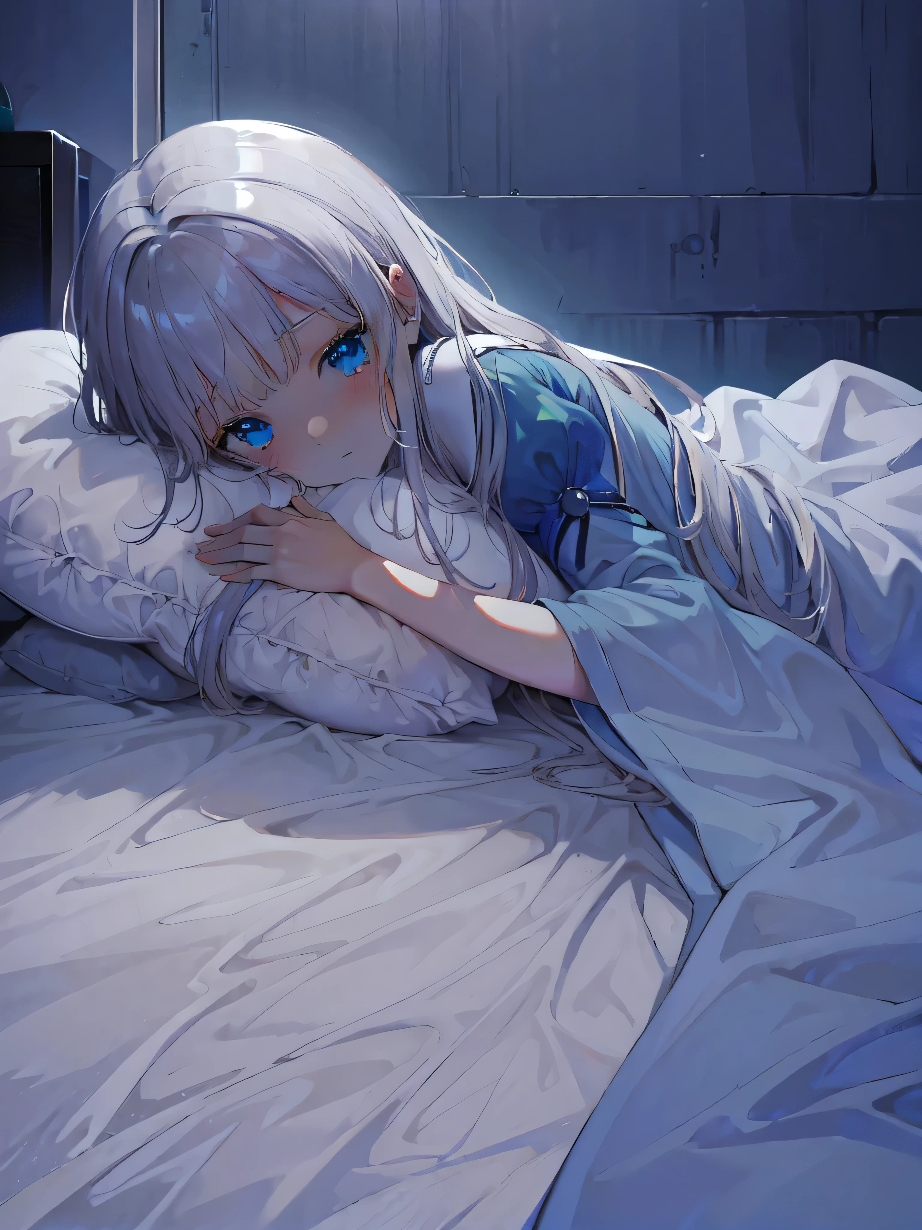 Blue theme, Masterpiece, ultra detail, best quality, bokeh, ultra lighting, dark theme, pillow, 1girl, under covers, lying, bed sheet, pillow hug, on bed, solo, bed, tears, futon, bright blue eyes, object hug, indoors, bangs, long hair, grey hair, on side, illyasviel von einzbern, looking at viewer, pillow grab, closed mouth, blanket, blush, holding pillow, pajamas