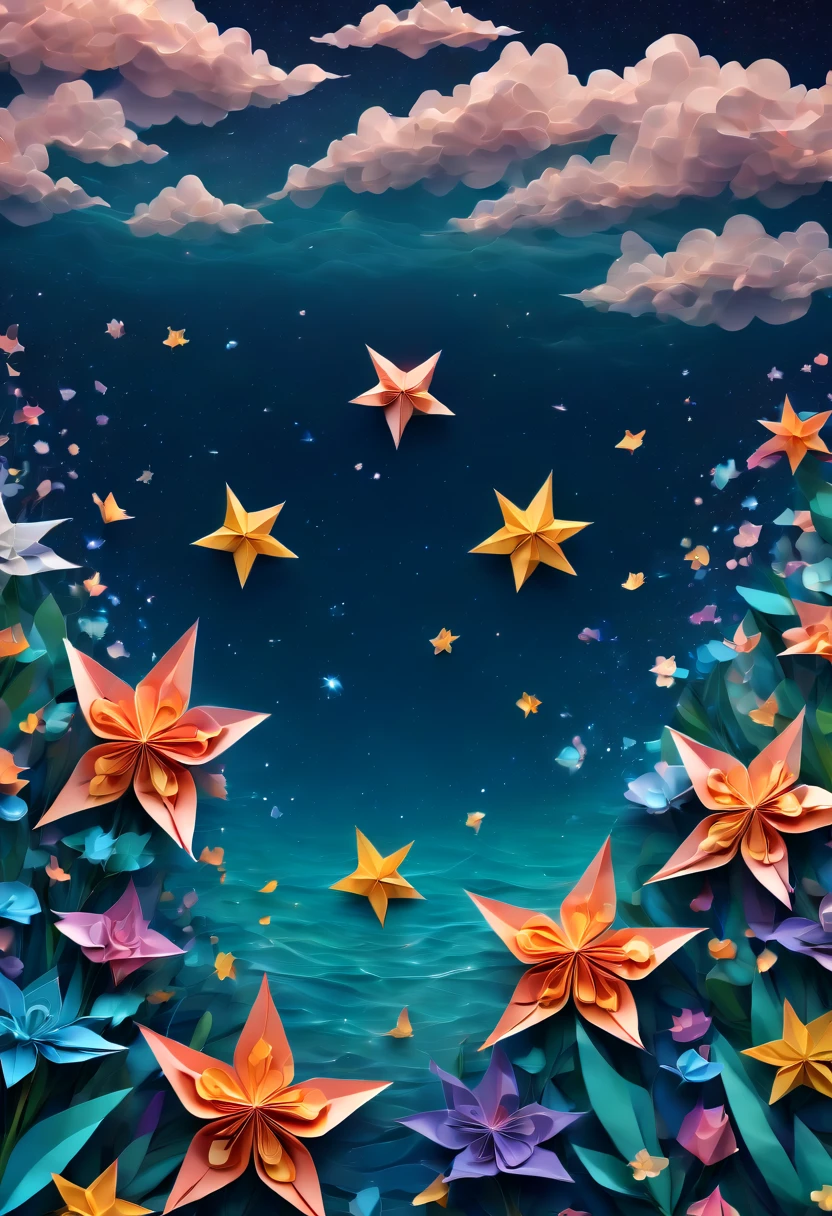 (best quality, highres, ultra sharp), magical sea of flowers, origami flowers over the sea, night. magical clouds , stars, art deco, zentangle,3d crunch, cinematic, on the seashore, calm,