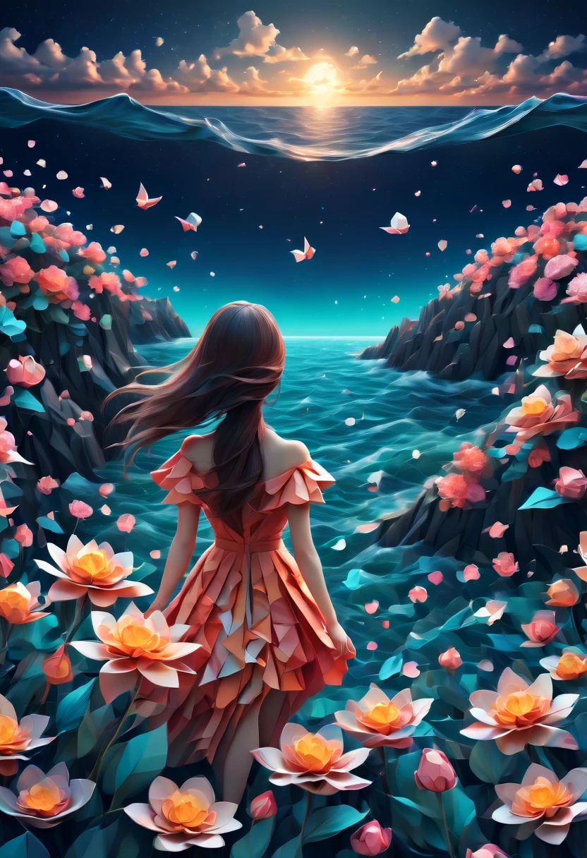 (best quality, highres, ultra sharp), magical sea of flowers, origami flowers over the sea, night. magical clouds , stars, art deco, zentangle,3d crunch, cinematic, on the seashore, calm,