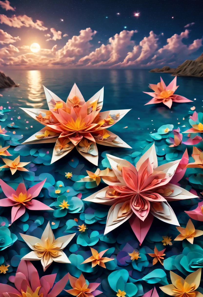 (best quality, highres, ultra sharp), magical sea of flowers, origami flowers over the sea, night. magical clouds , stars, art deco, zentangle,3d crunch, cinematic, on the seashore, calm,