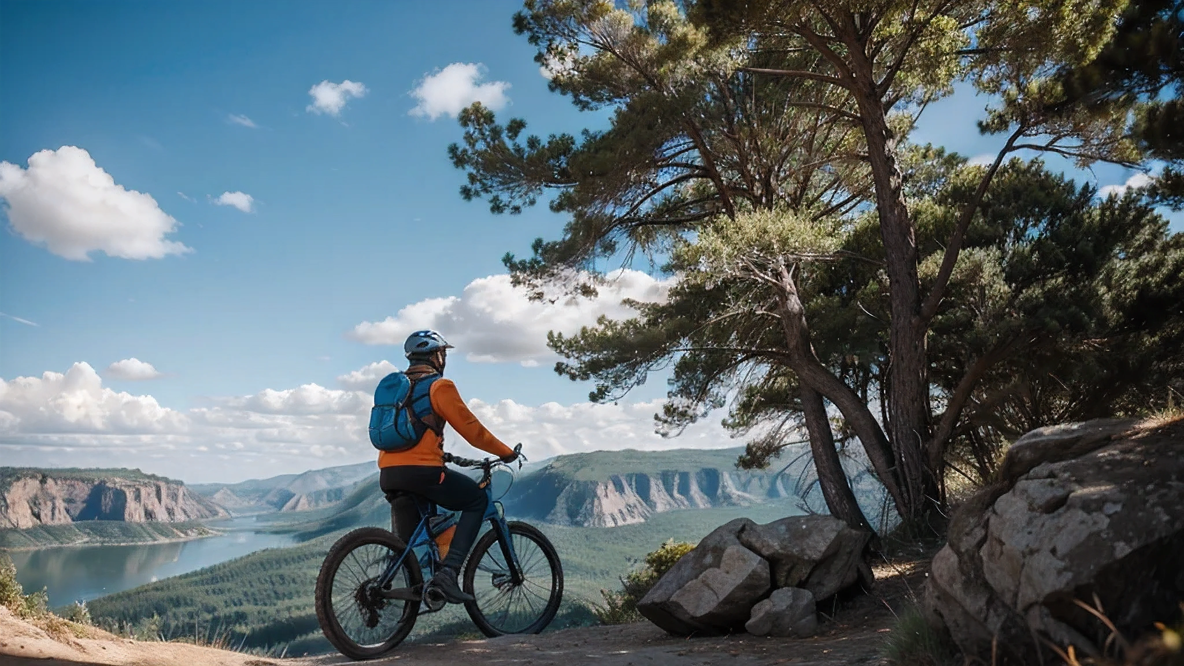 person rides bike, viewer from back , rocks, nature on background, bluesky, the man fully equipped with orange backpack 