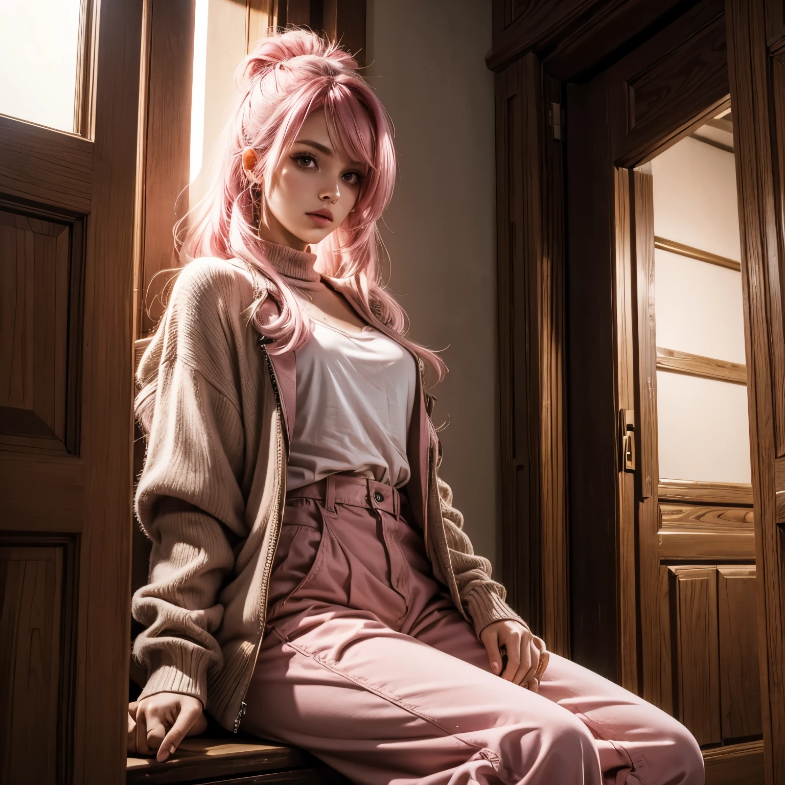 1girl, beautiful, pink hair, brown eyes and clothes, tall, in a room