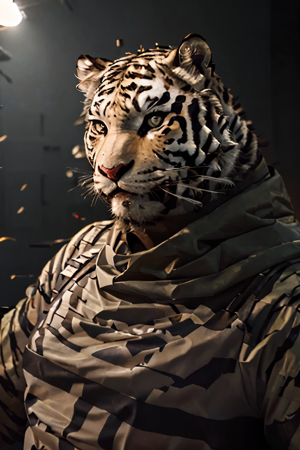 photo realistic white tiger soldier, futuristic soldier, futuristic marine, city, sheepish smile, hefting a rocket launcher, masterpiece, hyper realistic, anthropomorphic tiger