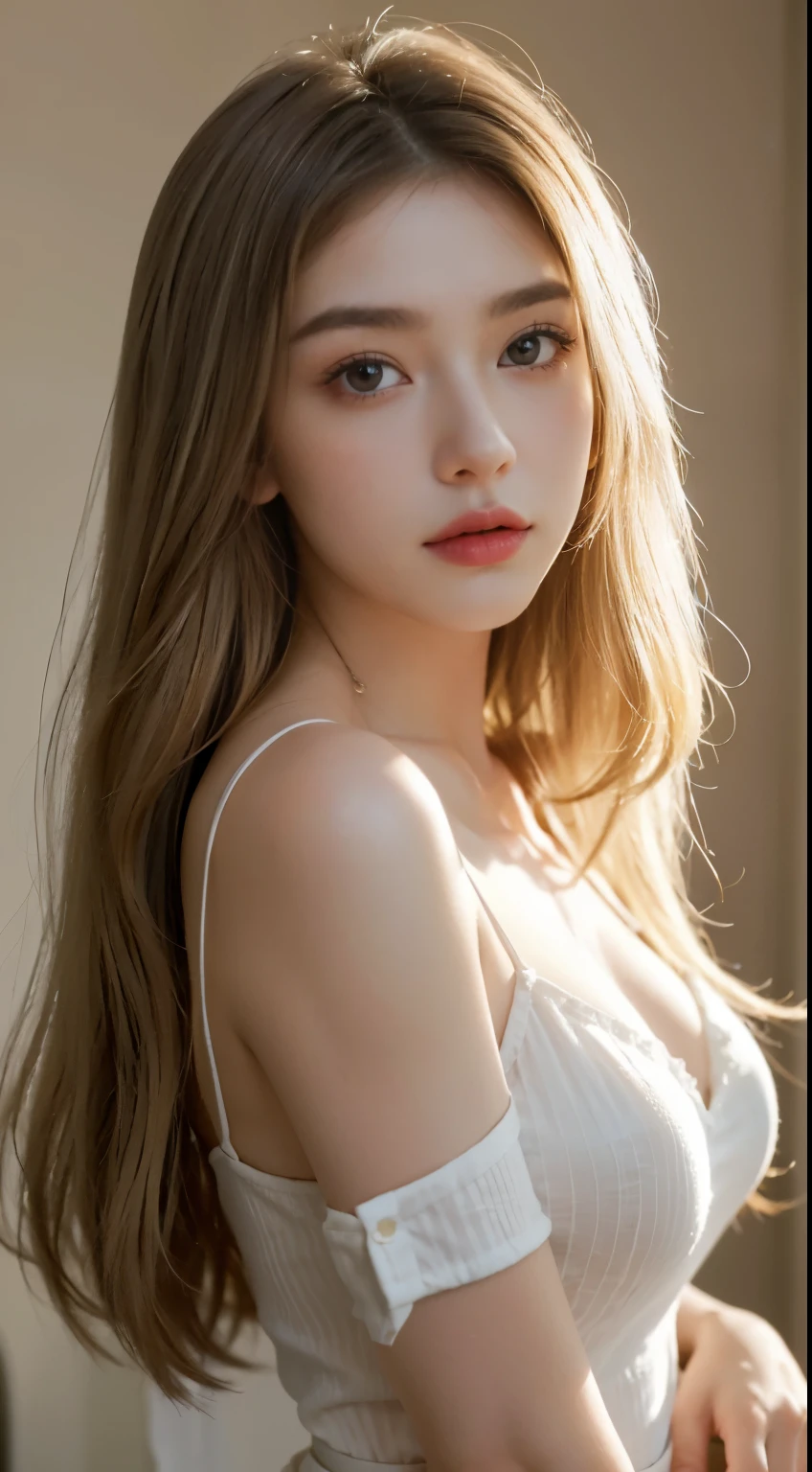 best quality,masterpiece,ultra high resolution,(Realism:1.4),RAW photos,1 girl,Off the shoulders,long white hair,huge ,face highlight,pure,Full of girly feeling,18 years old,spaghetti straps,Black suspenders,Deep V big breasts,18 years old微笑女同学,pure,Innocent,(best quality,8k,masterpiece:1.3),Oval face,big eyes,long eyelashes,Beautifully(Realistic style),starry eyes,ultimate face,Realistic light and shadow,Clear facial features, fair and silky skin,White skin, High detail skin, Realistic skin details, Visible pores,(Ultra-detailed),(Perfect body:1.1),long white hair,(dynamic poses),((dynamic background((Volumetric light:1.3)),Room,floor