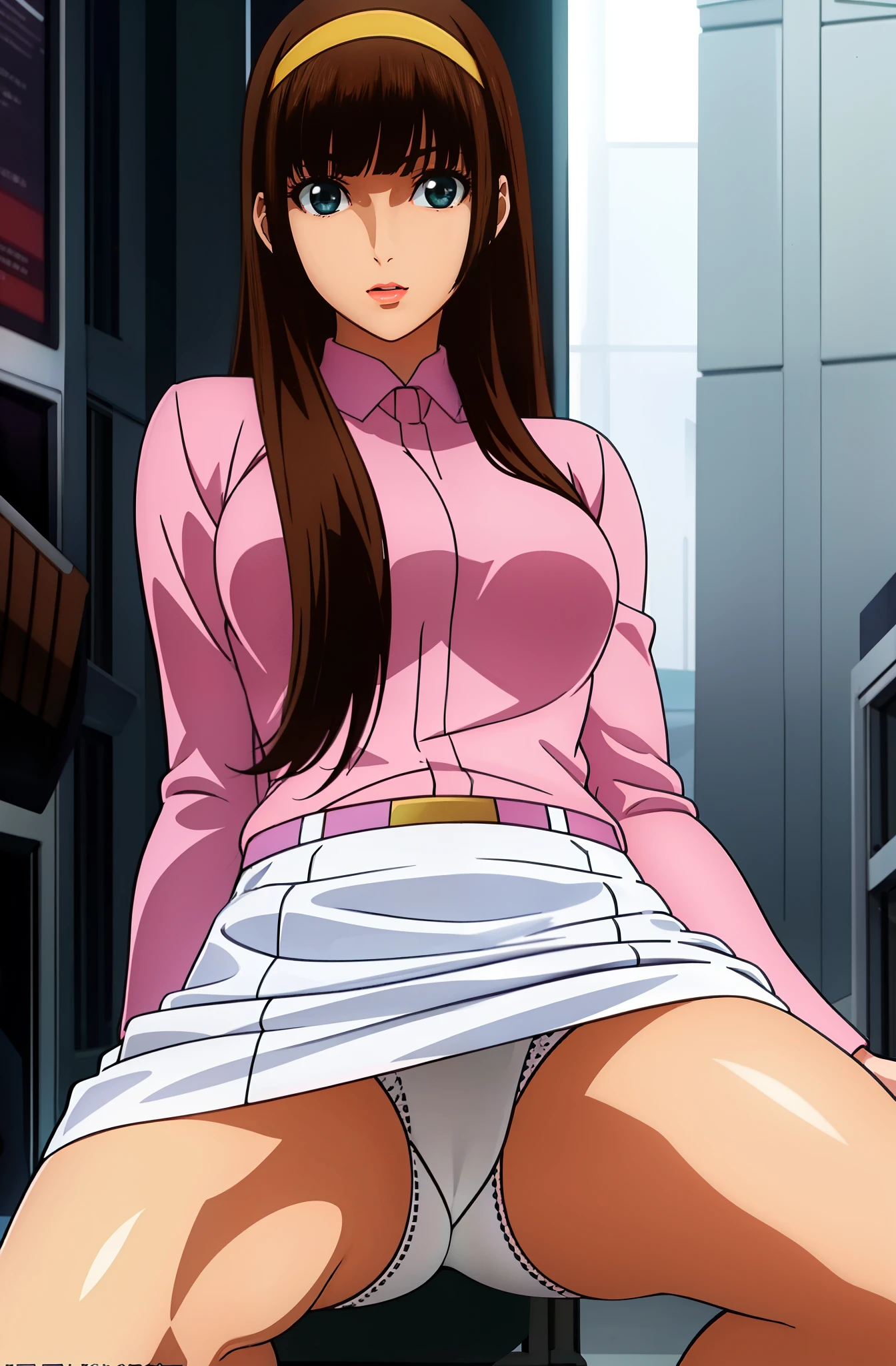 1 girl, Sayla Mass, elegant, table top, Complex, パンツが見えそうなほど短い超ミニskirtのアーミーピンクの制服ワンピース............、pure white panties、Please squat down and show me your white panties.............、超ミニskirt ミニスカではパンツが見えます、white panties、realistic, highest quality, absurd, high facial detail, perfect eyes, 18-year-old, cowboy shot, realization、, Bright colors, pink uniform, skirt、photograph、Gravure shooting style、real image、best image quality、1 girl, Sayla Mass, elegant,spread legs,white pantiesーを見せる, table top, Complex,超ミニskirt、white panties、 realistic, highest quality, absurd, high facial detail, perfect eyes, 18-year-old, cowboy shot, , Bright colors, white uniform, skirt