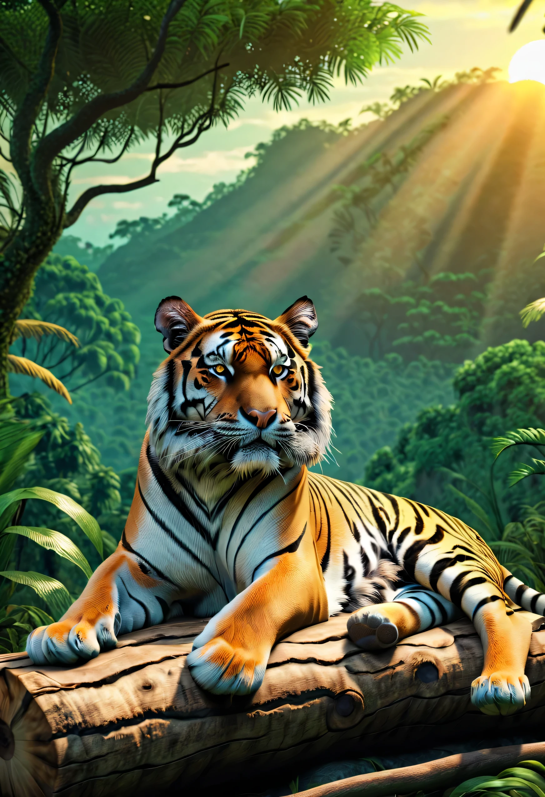 (( Tigre:1.5, ultra detallado:1.4, majestuoso, imponente, elegant, temible, acostado sobre un tronco en medio de la jungla.:1.4),hyper realistic, epic, ultra, Obra maestra, epic jungle scenery, sunset lighting, paisaje impecable,32k,