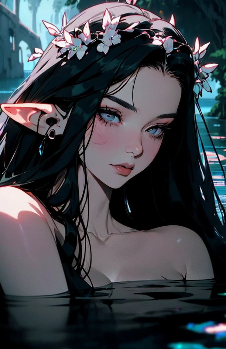 hyper-realistic  of a mysterious woman with flowing black hair, ears of elf,  piercing opal eyes, and a delicate floral crown, delicate smile,  upper body
