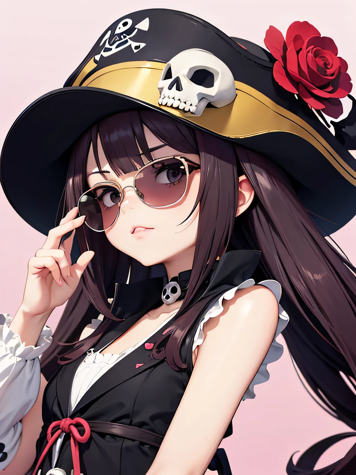 stylish design, cute lovely pirate skull, focus on the face, Stylish sunglasses, Fashionable hats, beautiful flower,surrealism, anime style, canon, highest quality, High resolution, advanced details