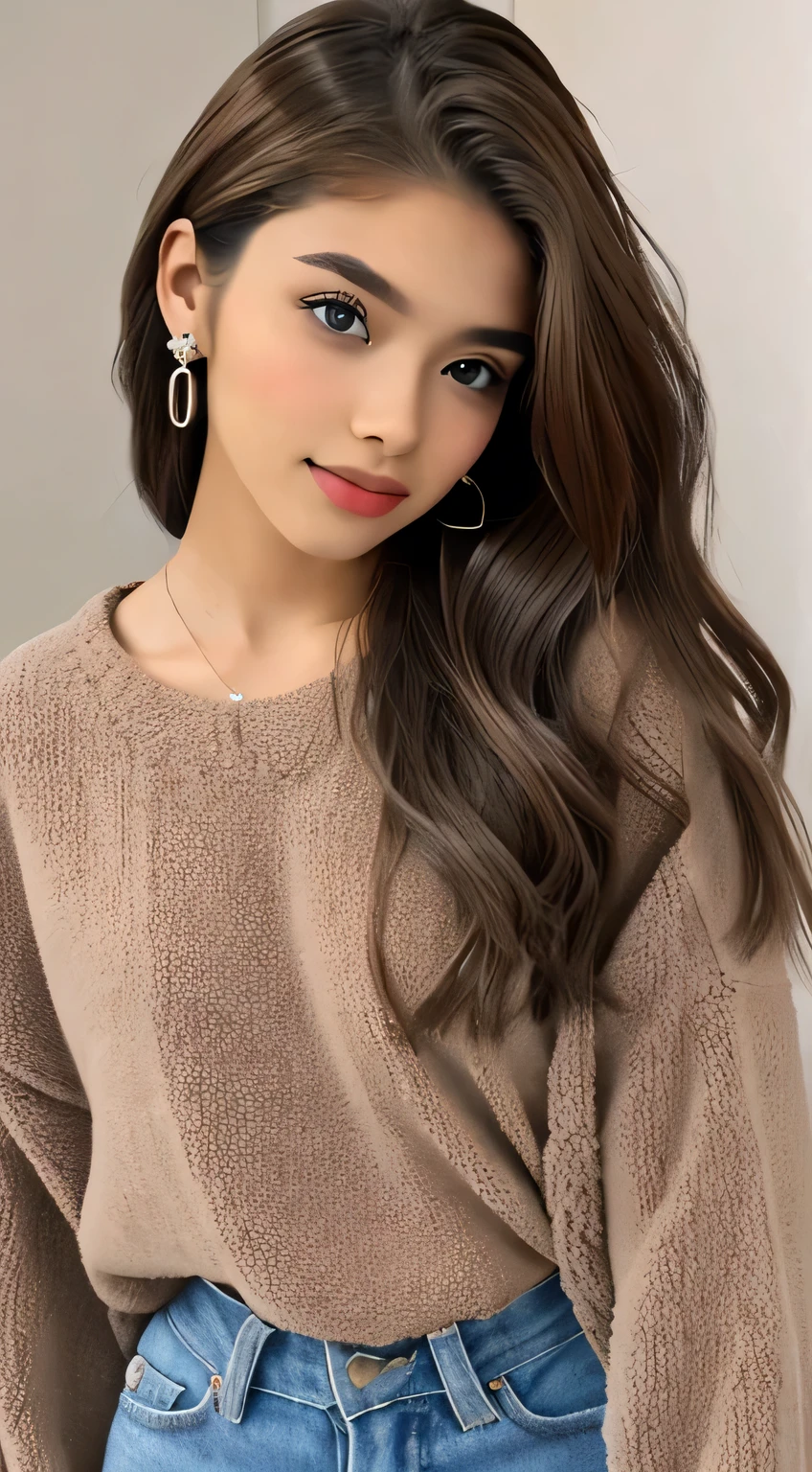 Full body Liya silver, stand, brown_eyes, ((beautiful slim teenage girl 18 year old, hair color [Brown highlights hair], [undercut pixie] hair)), earrings, lips, realistic, narrow waist, charming, pink lipstick, colorful makeup, long eyelashes, earrings, wearing eyeliner, fair skin, (cute), (detailed face), detailed eyes, detailed iris