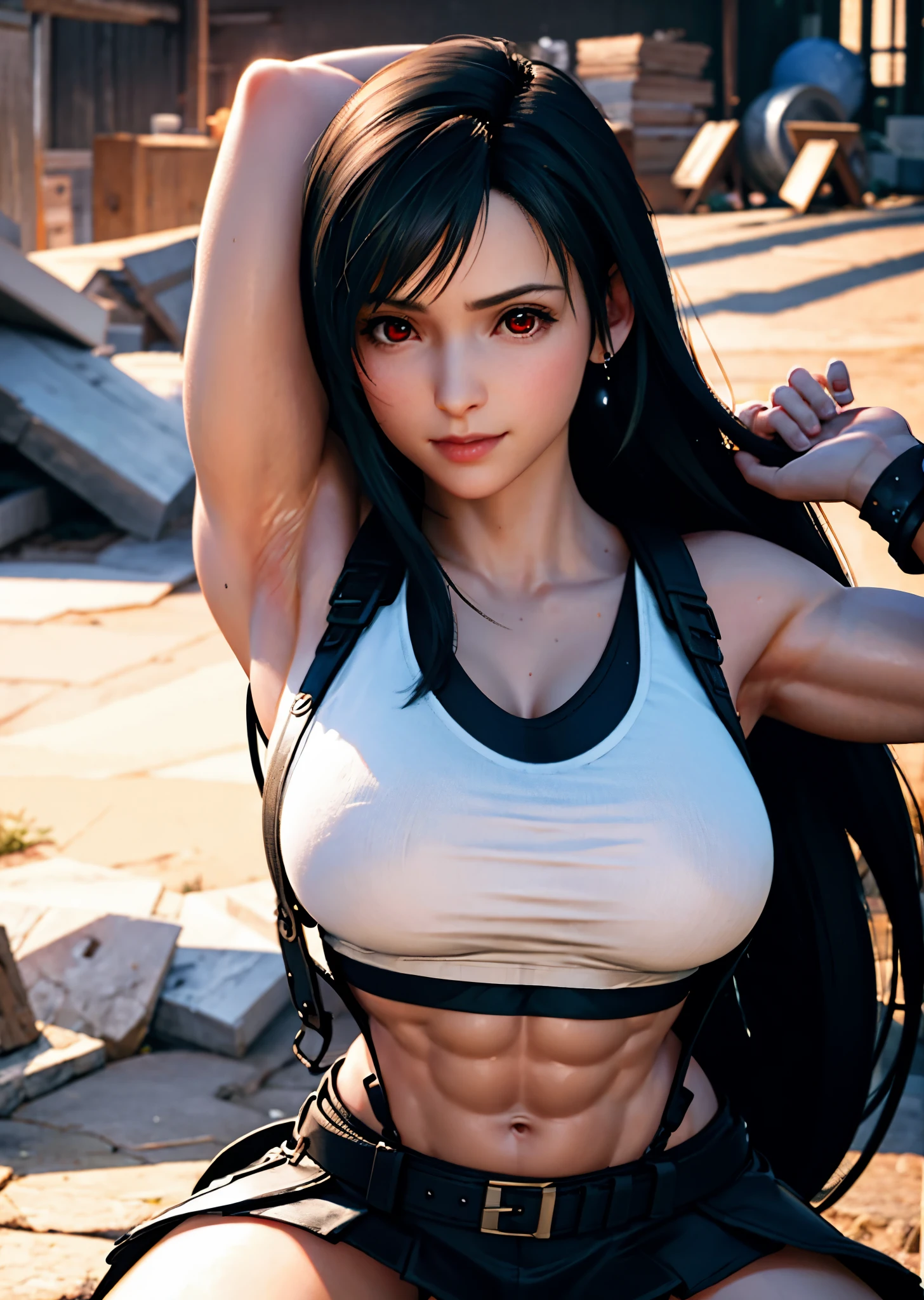 (realistic: 1.4), highest quality, very delicate and beautiful, High resolution, 1 girl, Tifa_lock heart, smile, cowboy shot, suspenders, low rise, mini skirt, Tank top, nervous shirt, black hair, long hair, elbow bag, beautiful detailed red eyes, face light, movie lighting, belly button, High exposure, exposure of the abdomen, rib, abs, big breasts, dynamic pose, dynamic angle, (abs:1.3), (muscular:1.5), arms behind head, spread legs, squatting