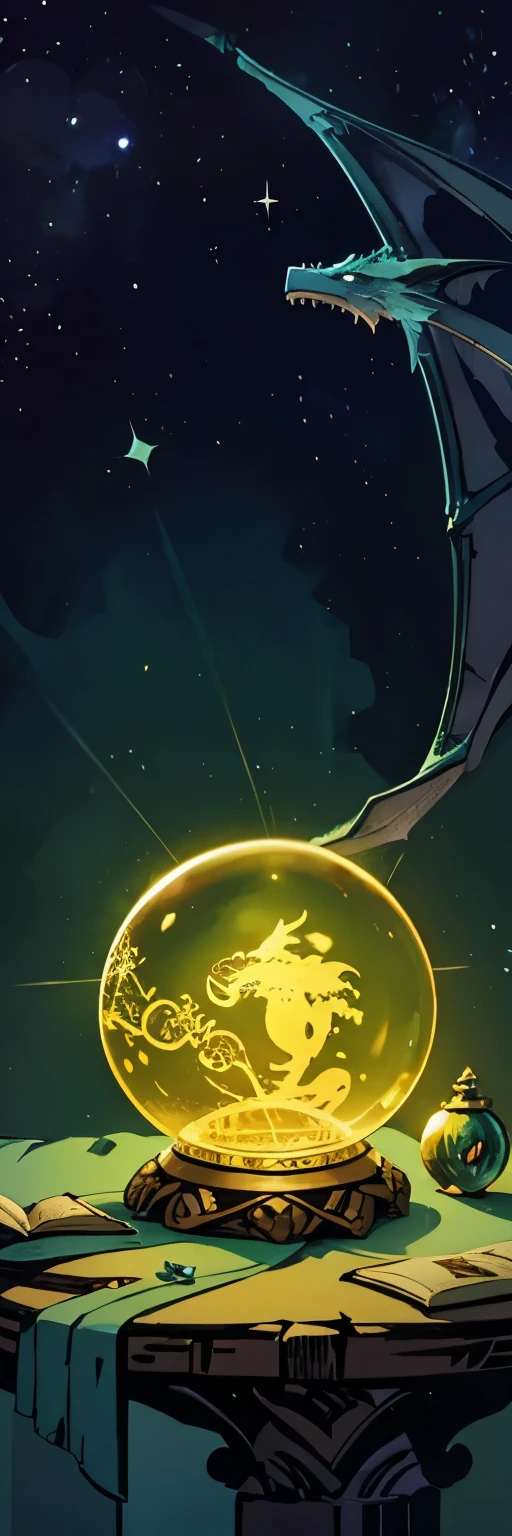 fantasy illustration, sobre uma mesa, um livro, a crystal ball and a little dragon