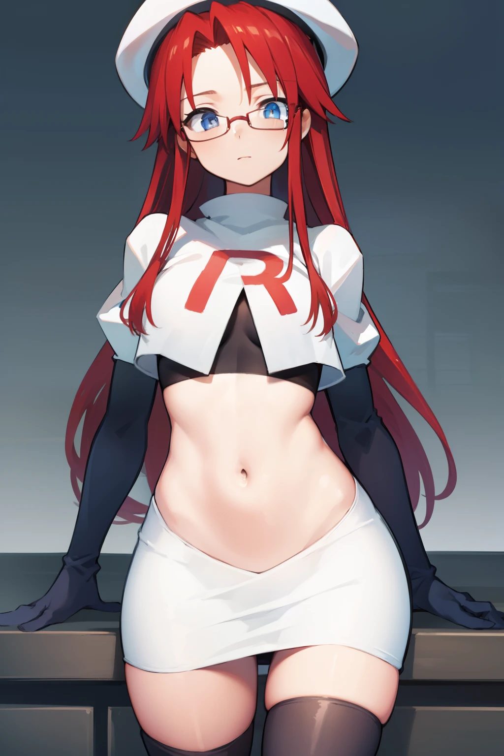 summonnightaty, aty, long hair, blue eyes, red hair, beret, hat, glasses,
BREAK long hair, hat, glasses, zettai ryouiki, beret, team rocket,team rocket uniform, red letter R, white skirt,white crop top,black thigh-highs,black elbow gloves
BREAK looking at viewer,
BREAK (masterpiece:1.2), best quality, high resolution, unity 8k wallpaper, (illustration:0.8), (beautiful detailed eyes:1.6), extremely detailed face, perfect lighting, extremely detailed CG, (perfect hands, perfect anatomy),