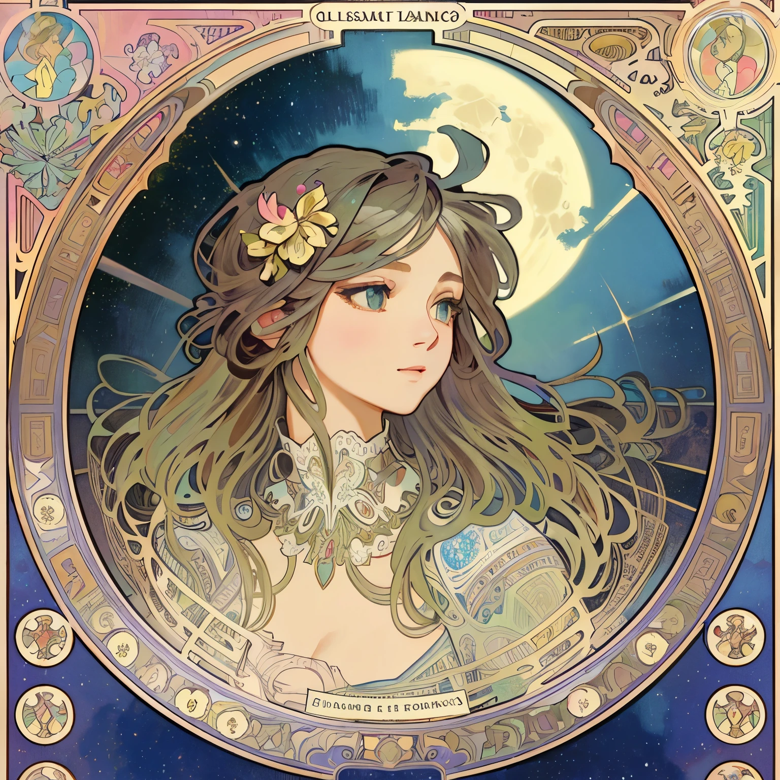 1 beautiful woman、(masterpiece、highest quality、highest quality、beautiful and aesthetic:1.2)、Rainbow-colored、sparkling jewelry hair ornament、flowers in full bloom、detailedジュエリー、dynamic、Based on the concept of an elegant woman、(((Alphonse Mucha style)))、shining eyes、colorful hair、falling petals、Gradation、非常にdetailed、Complex、detailed, wonderful, Complex詳細,complementary color, realistic concept art, 8K resolution, 逸脱のmasterpiece、background starry sky、clove up、cover、magazine、art history、Full moon behind、Illuminated by light、tarot cards