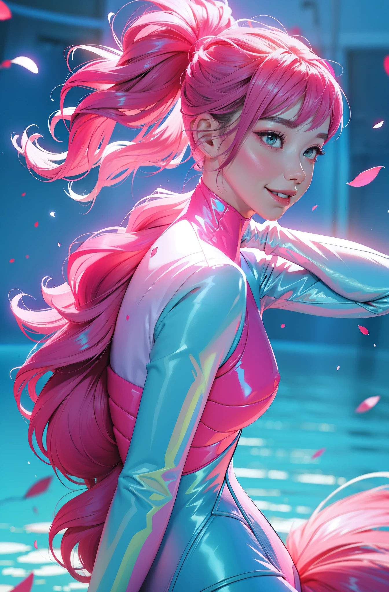 cyberpunk female woman (chromatic accents:1.1), sleek pink and White full bodysuit, side view turning to face camera, (Petal Blush, Lagoon Blue color background:1.3), amazing smile, looking at camera, golden hour
