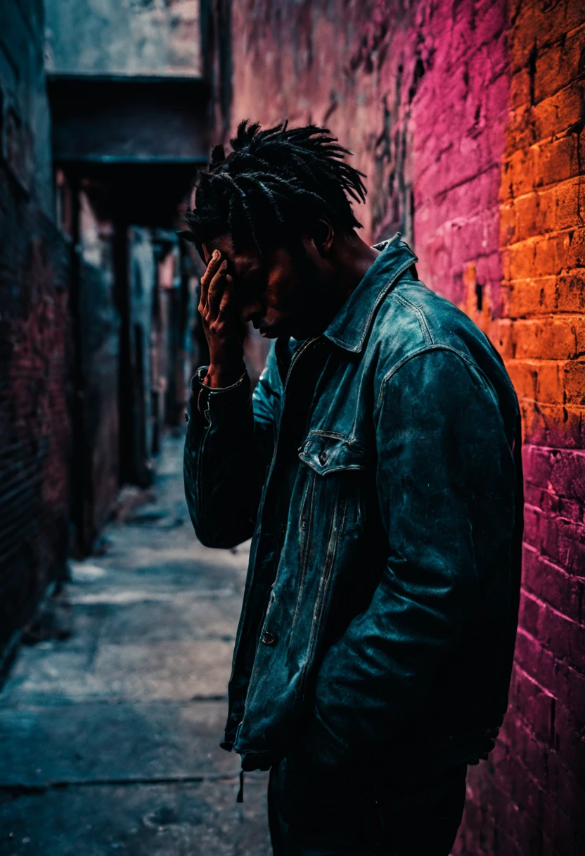 A dark dreamy image of a man holding his head in despair. The colors are intense and convey desparation. Stands in a alley way in Los Angeles. In the style of Jean-Michel Basquiat