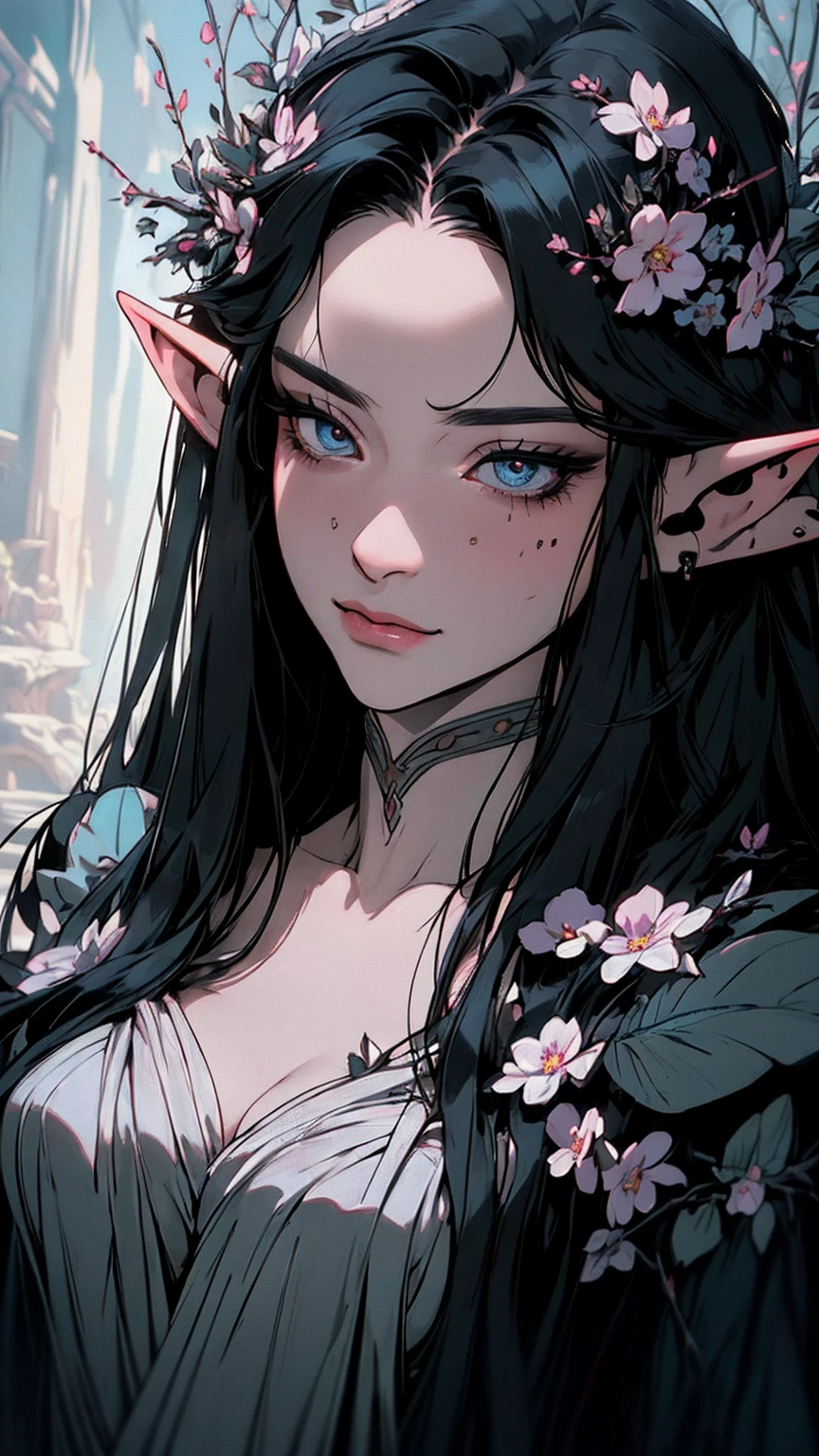 hyper-realistic  of a mysterious woman with flowing black hair, ears of elf,  piercing opal eyes, and a delicate floral crown, delicate smile,  upper body